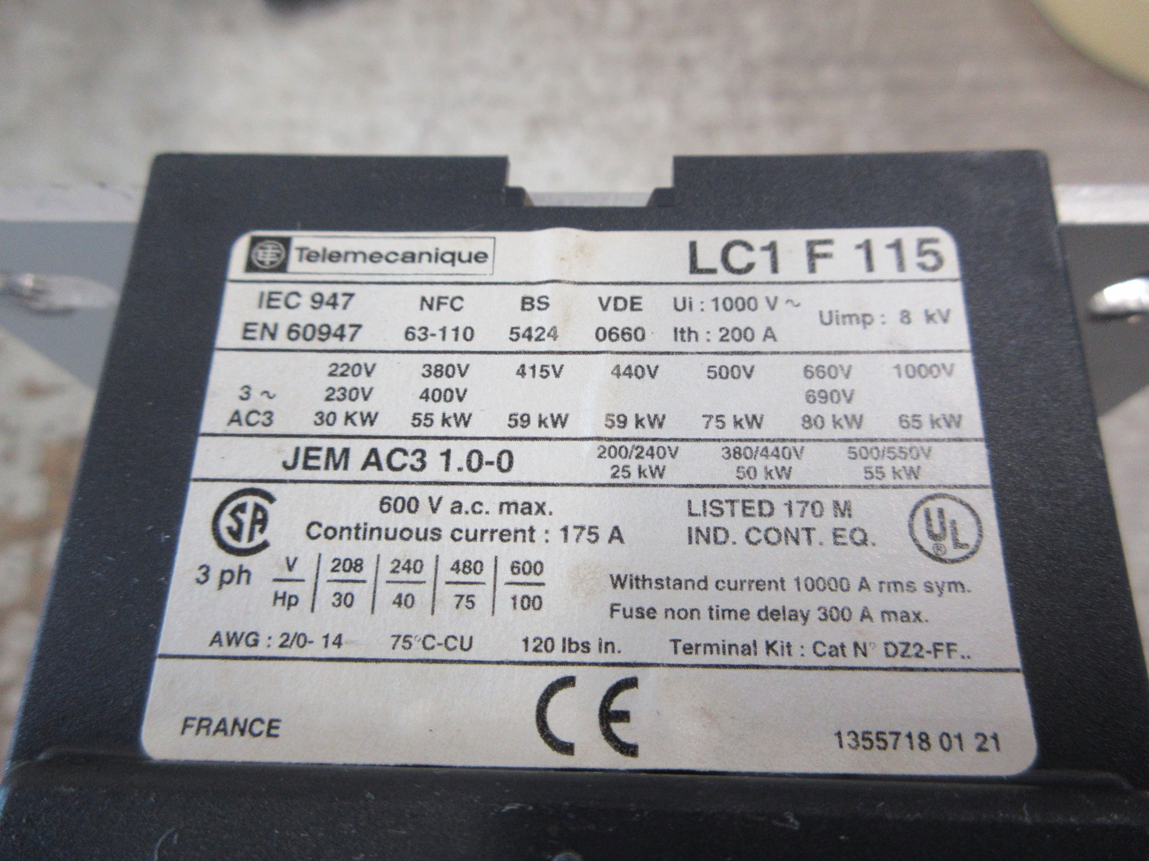 Telemecanique Contactor LC1F115 115-120V Coil 175A 600V (3) Lugs Used
