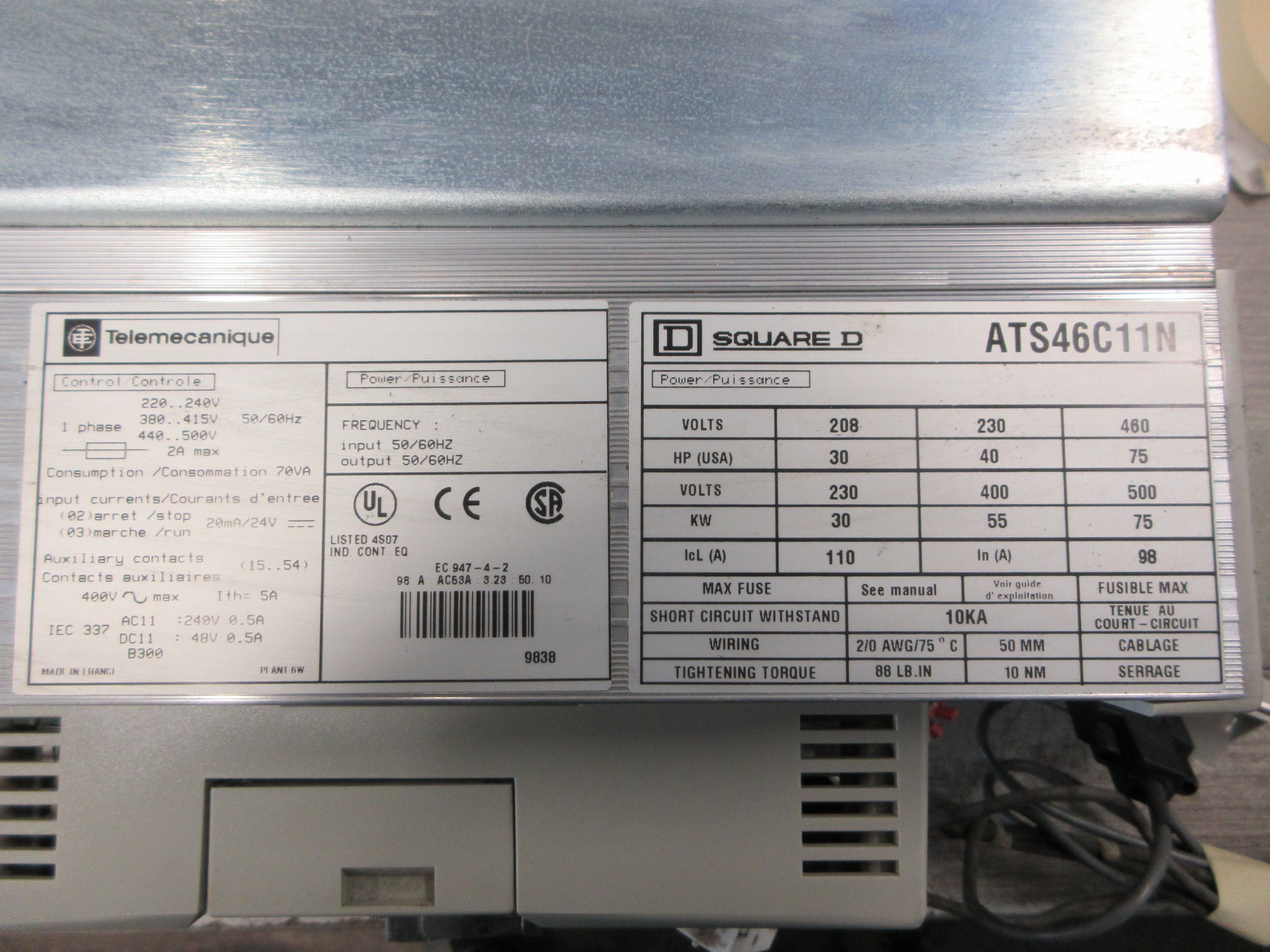 Square D Altistart 46 Soft Start ATS46C11N 75HP 208/230/460V Used