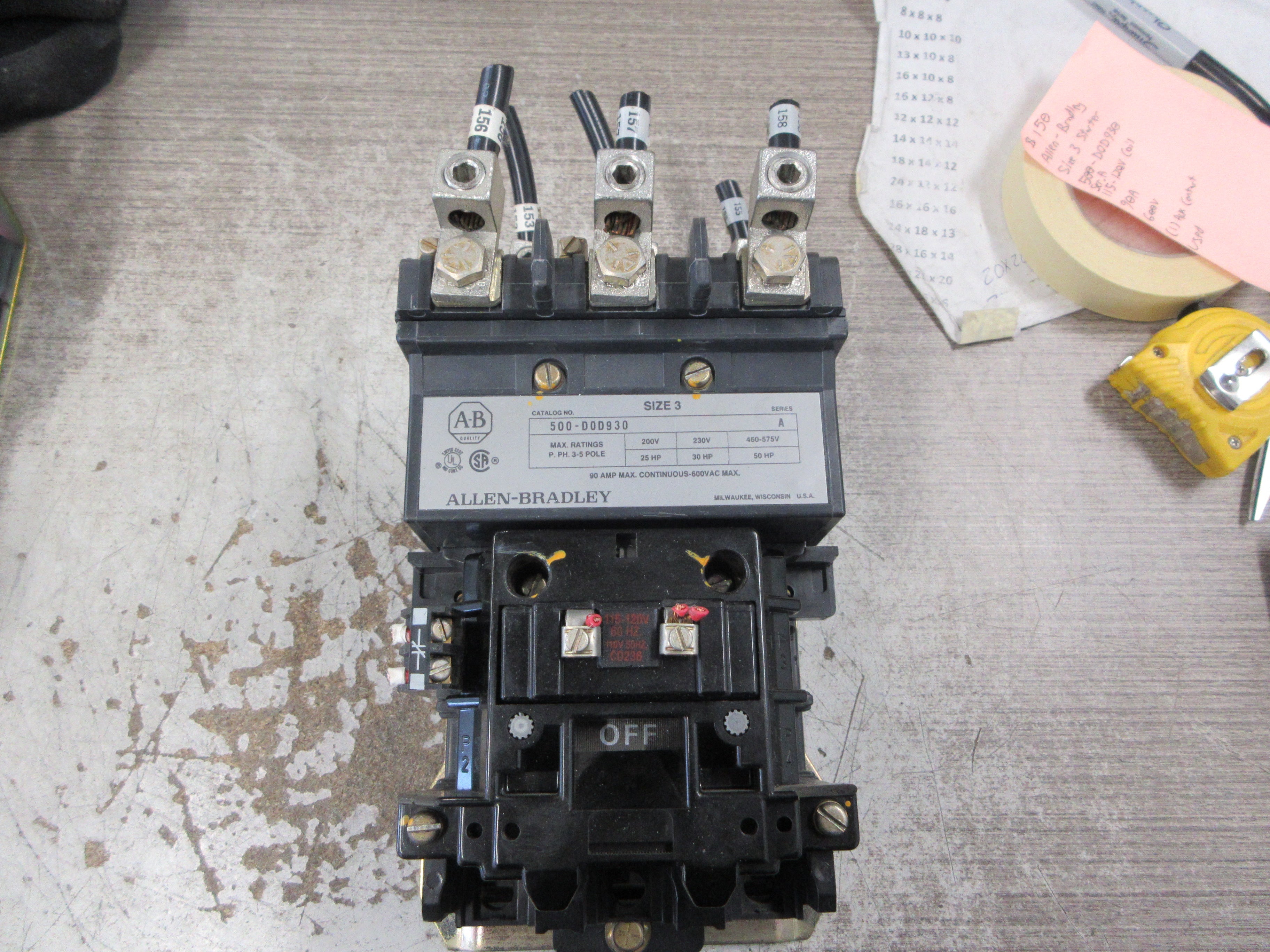 Allen-Bradley Size 3 Starter 500-DOD930 Ser. A 115-120V Coil 90A 600V Used