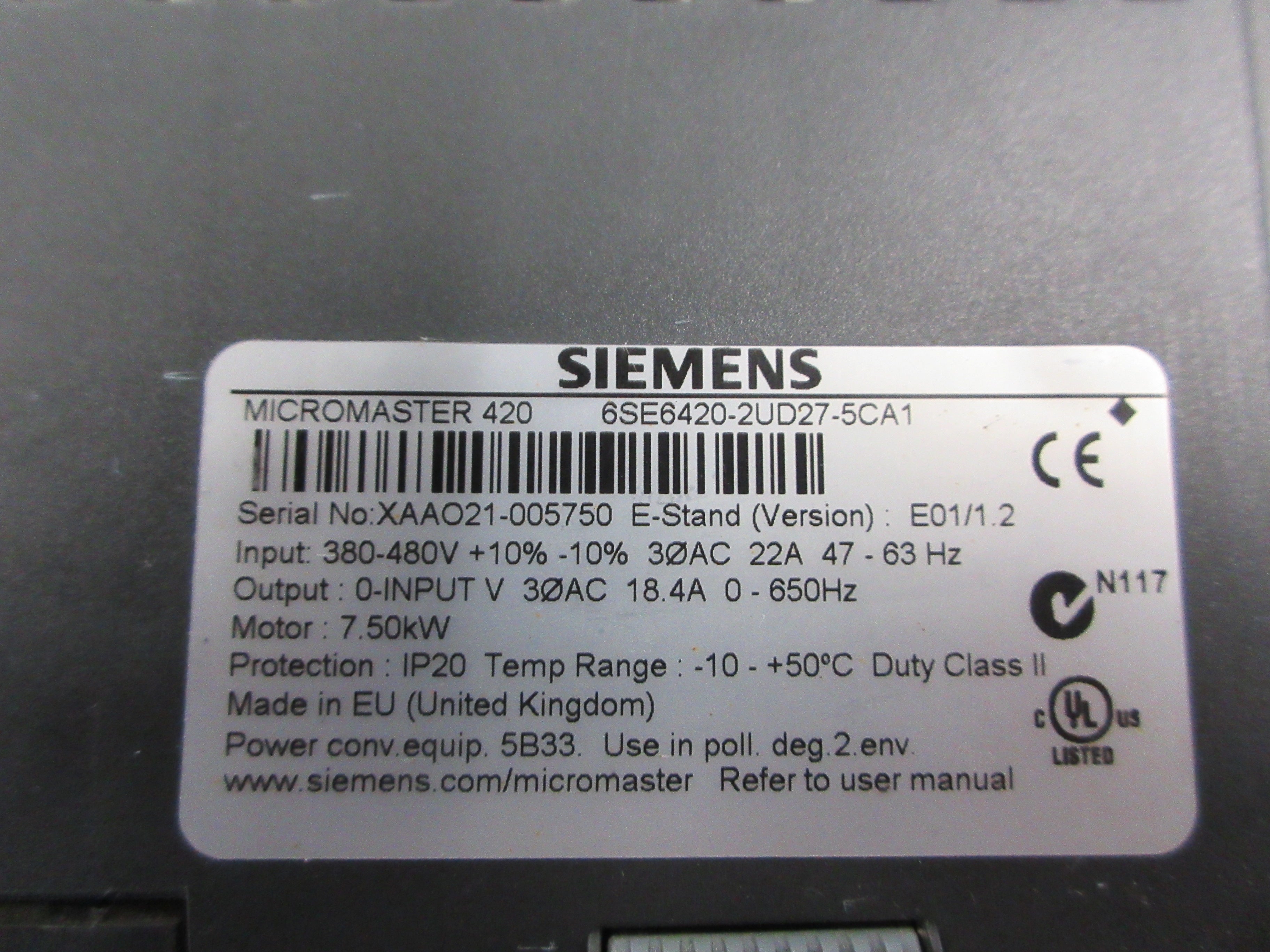 Siemens Micromaster 420 AC Drive 6SE6420-2UD27-5CA1 10HP 3Ph Used