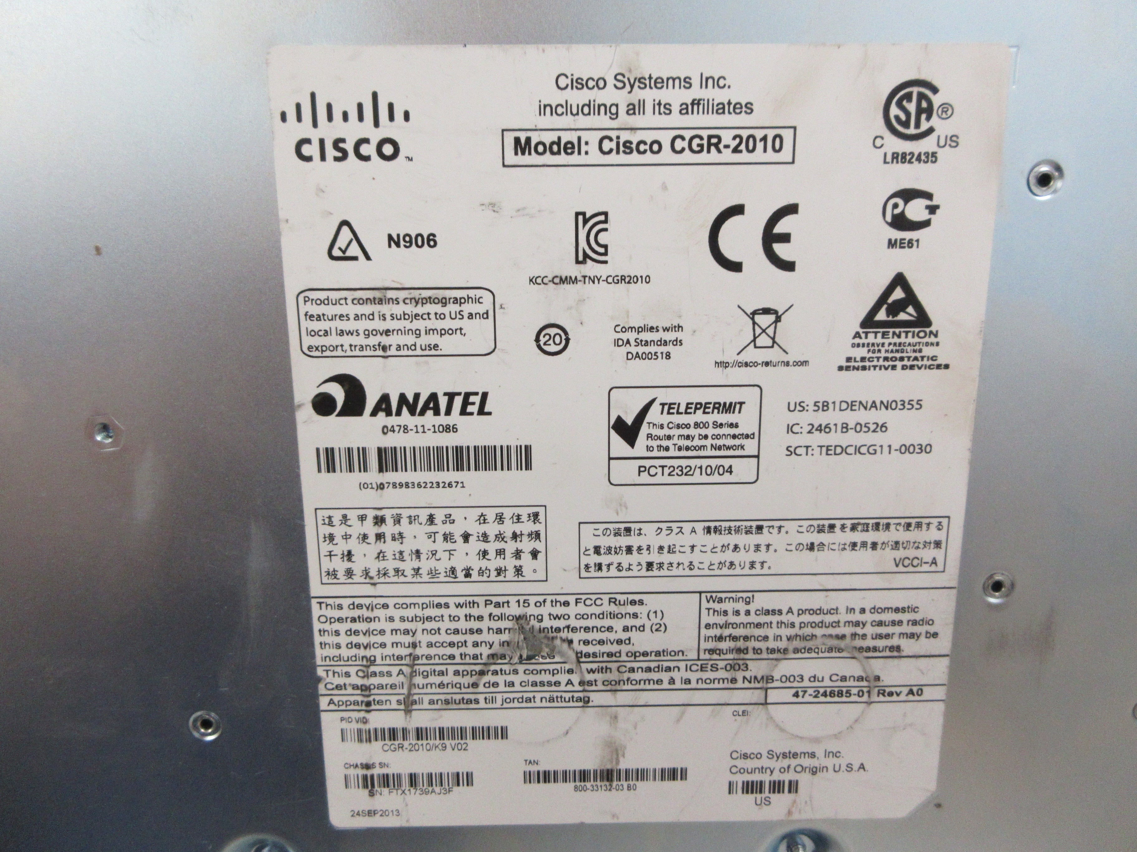 Cisco 2000 Series Connected Grid Router CGR-2010/K9 V02 Used