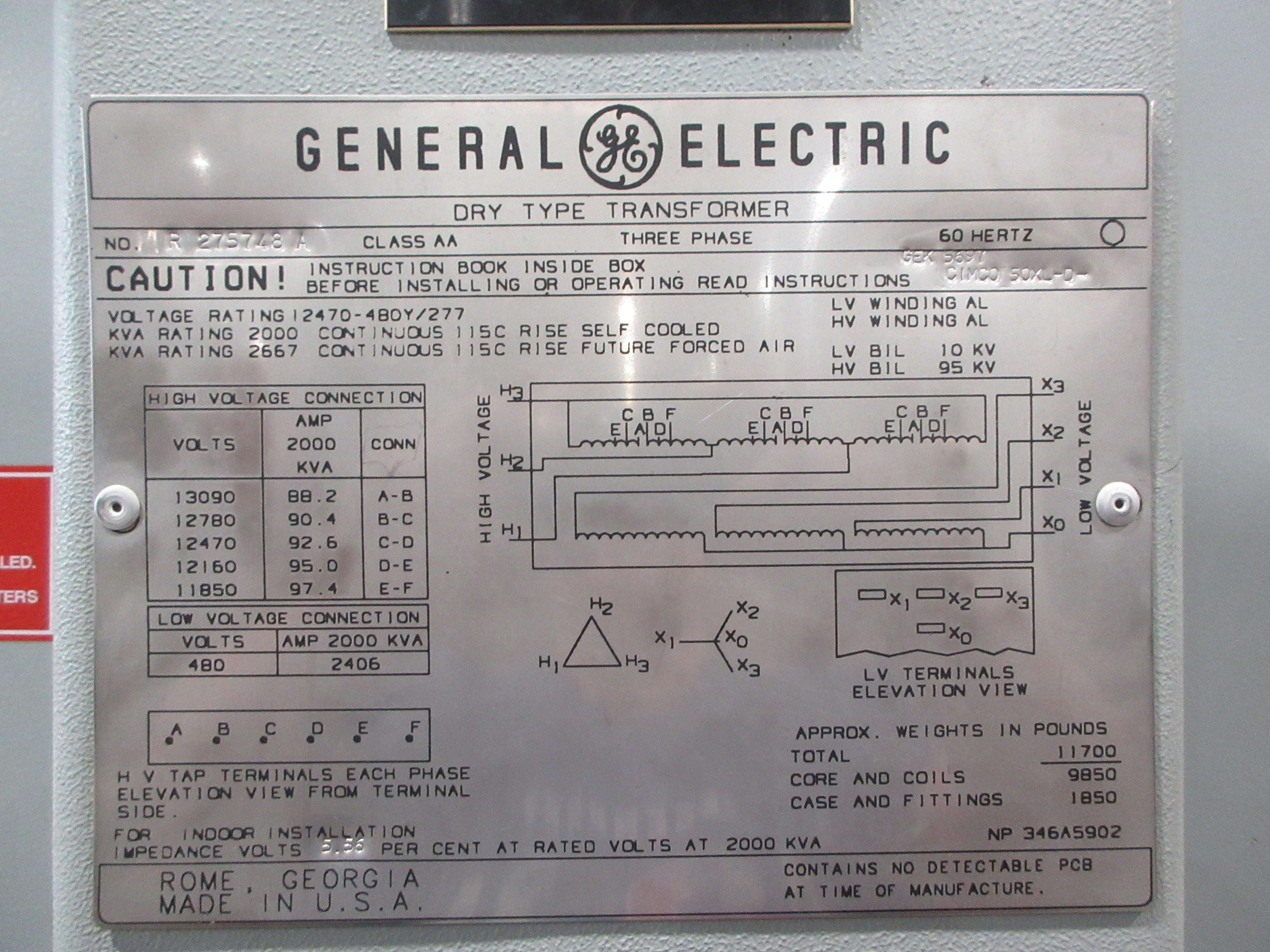 GE Transformer 2000KVA Pri: 12,470V Sec: 480Y/277V 3Ph 60Hz Used