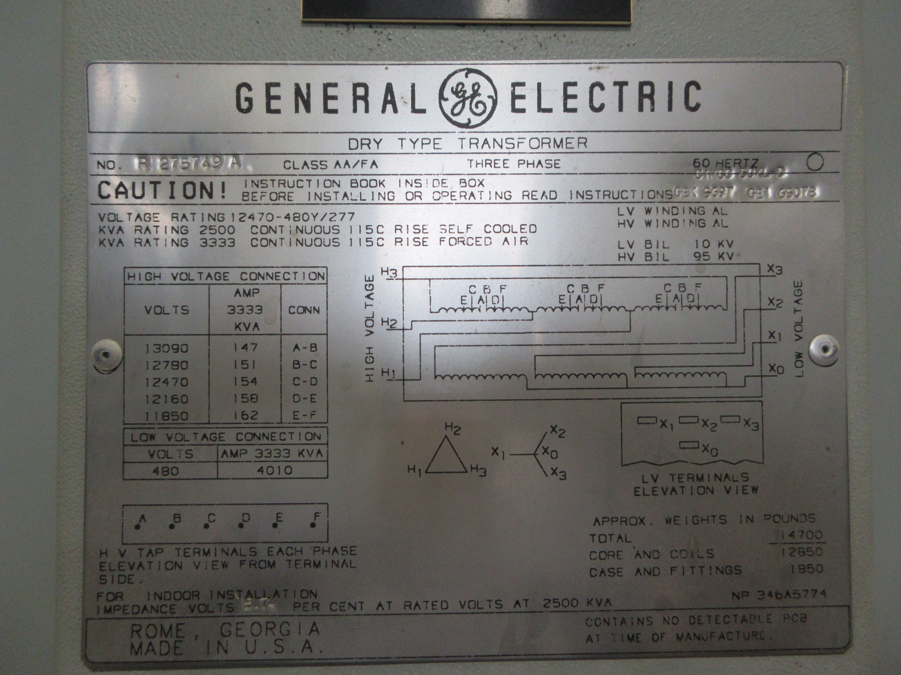 GE Transformer 2500KVA Pri: 12,470V Sec: 480Y/277V 3Ph 60Hz Used