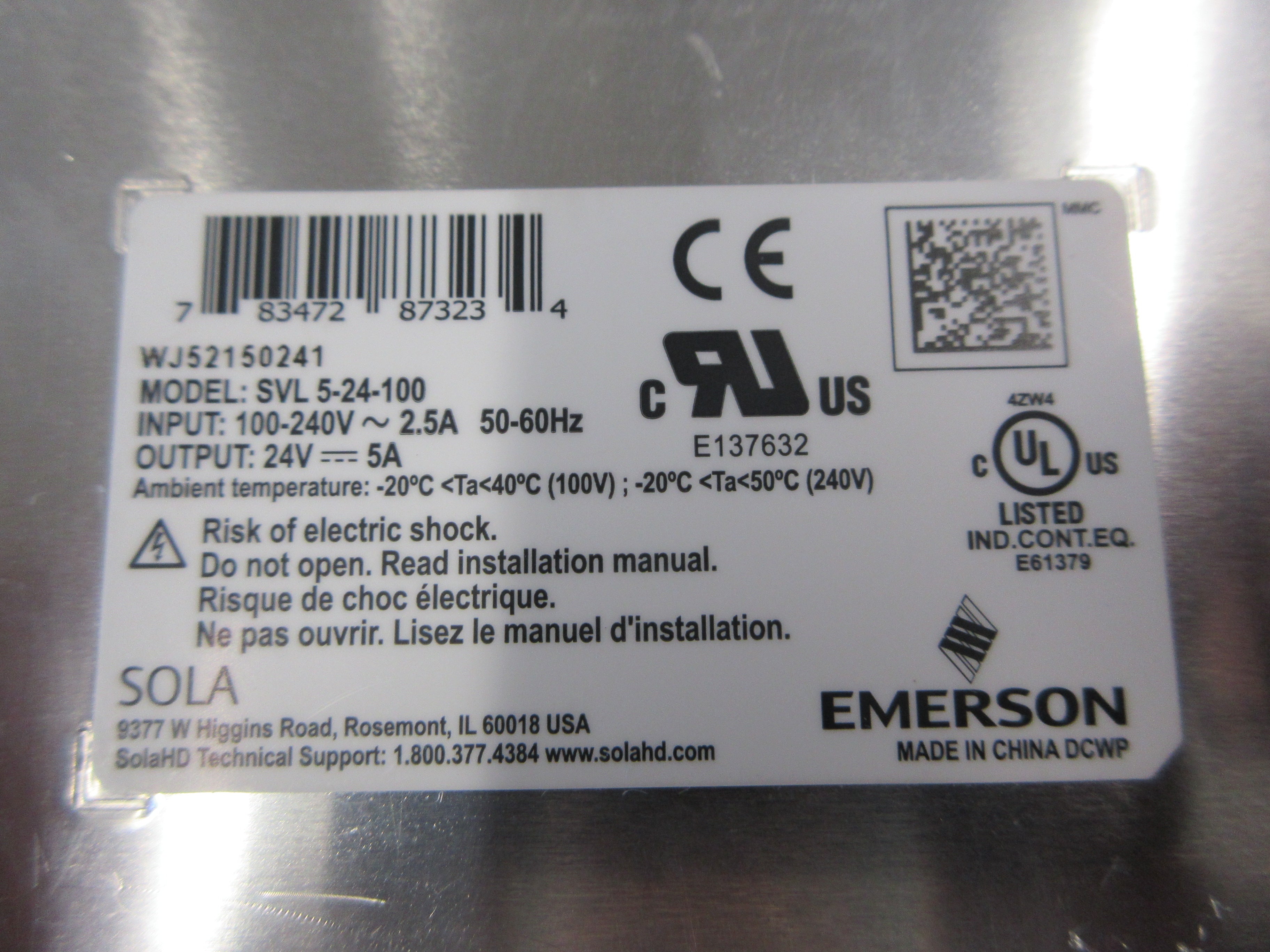 Emerson Sola Power Supply SVL 5-24-100 Input: 100-240V , 2.5A . 50-60Hz Used