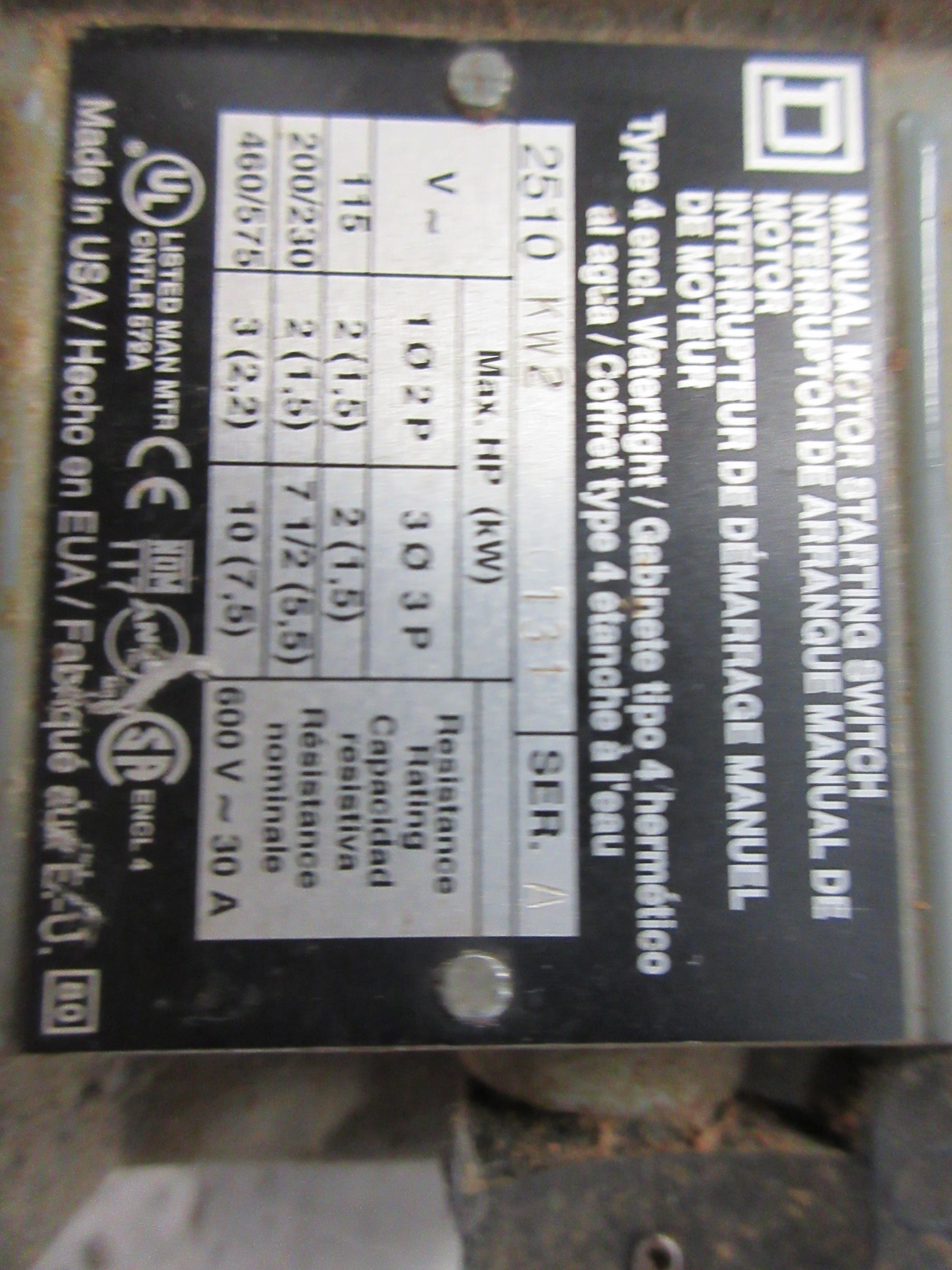 Square D Type 4 Manual Starter 2510-KW2 Ser. A 30A 600V Used