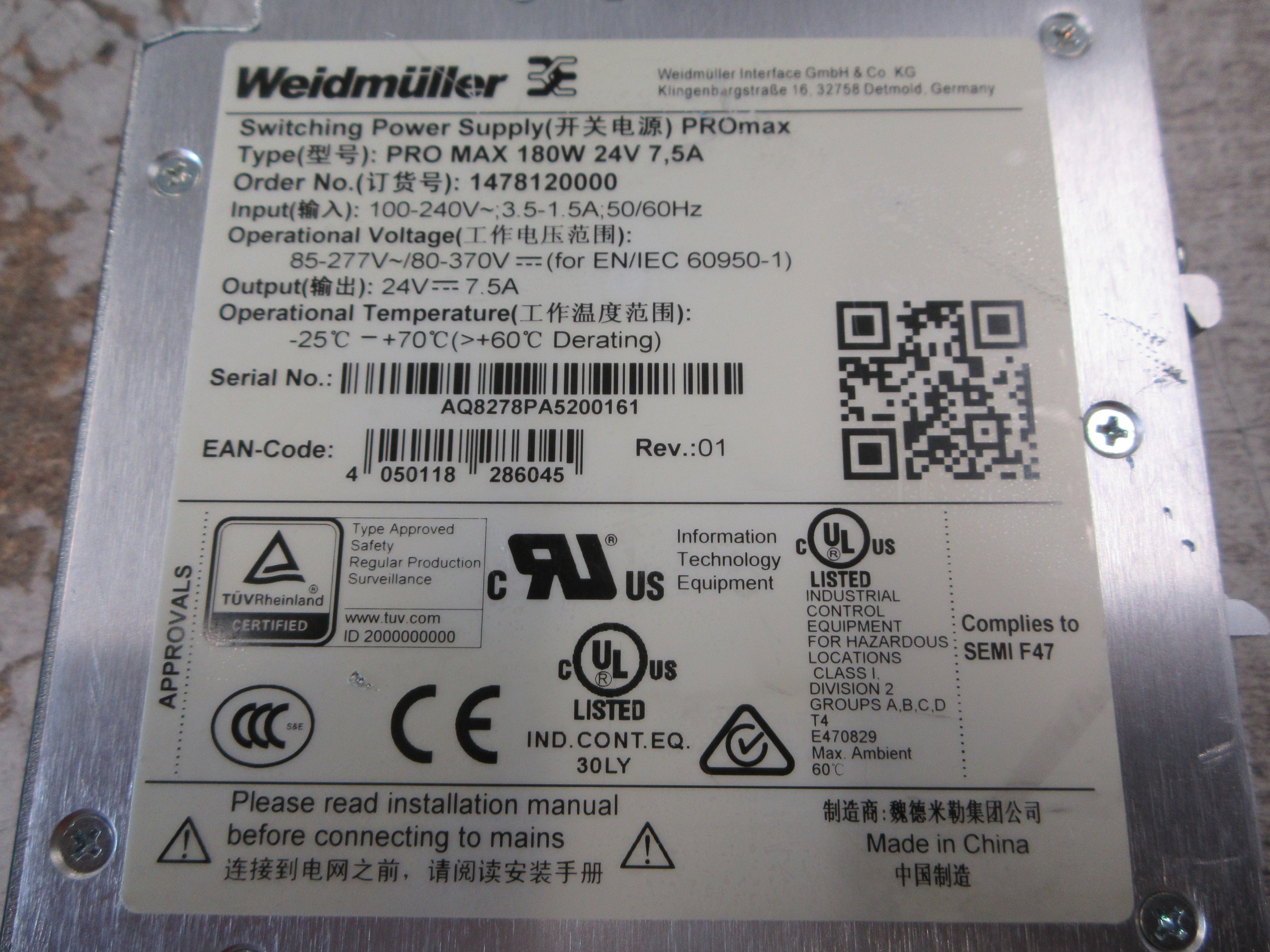 Weidmuller PROmax Power Supply 1478120000 180W Used