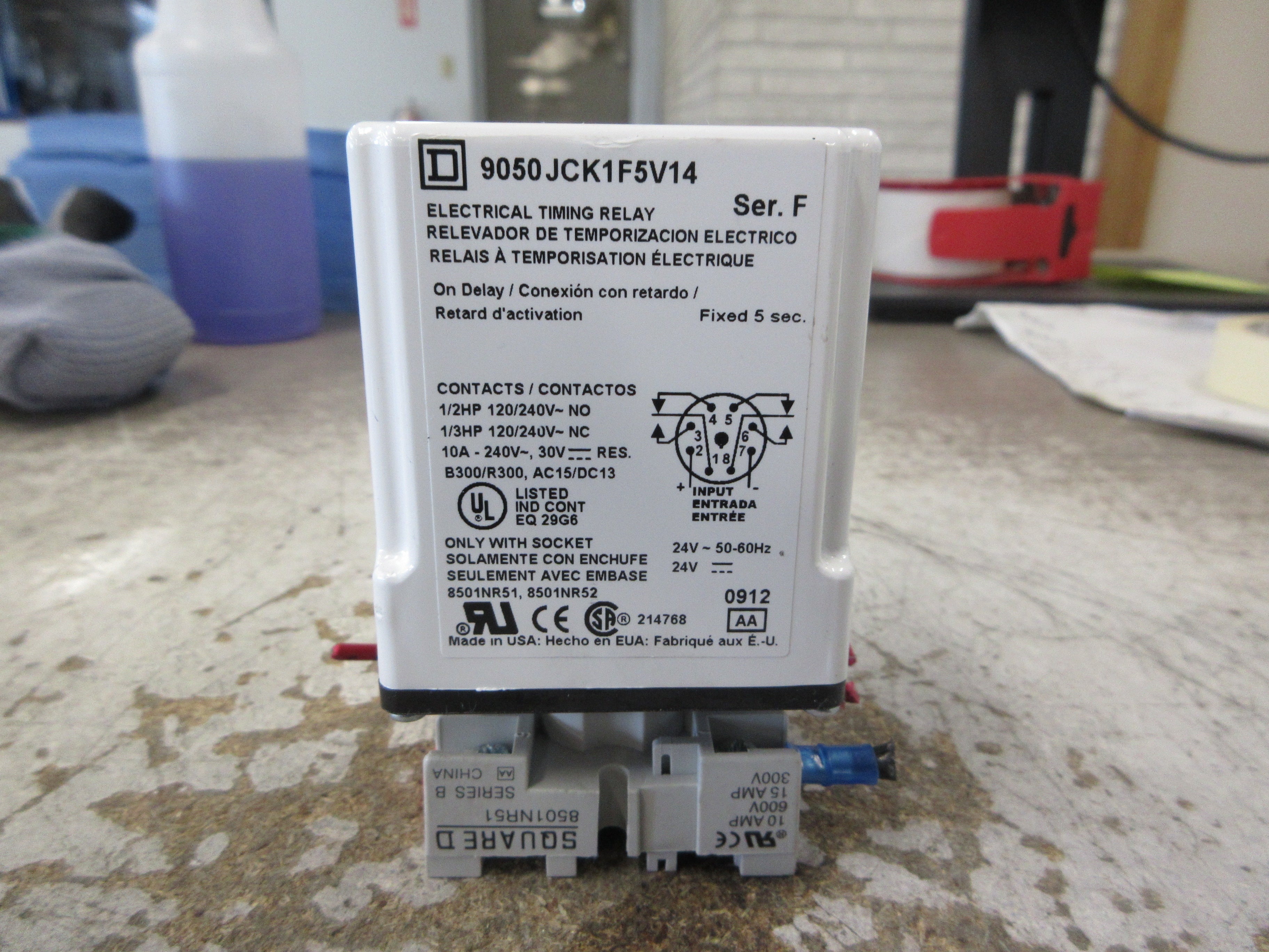 Square D Timing Relay 9050 JCK1F5V14 Ser. F Delay: Fixed 5 Sec w/ Base Used