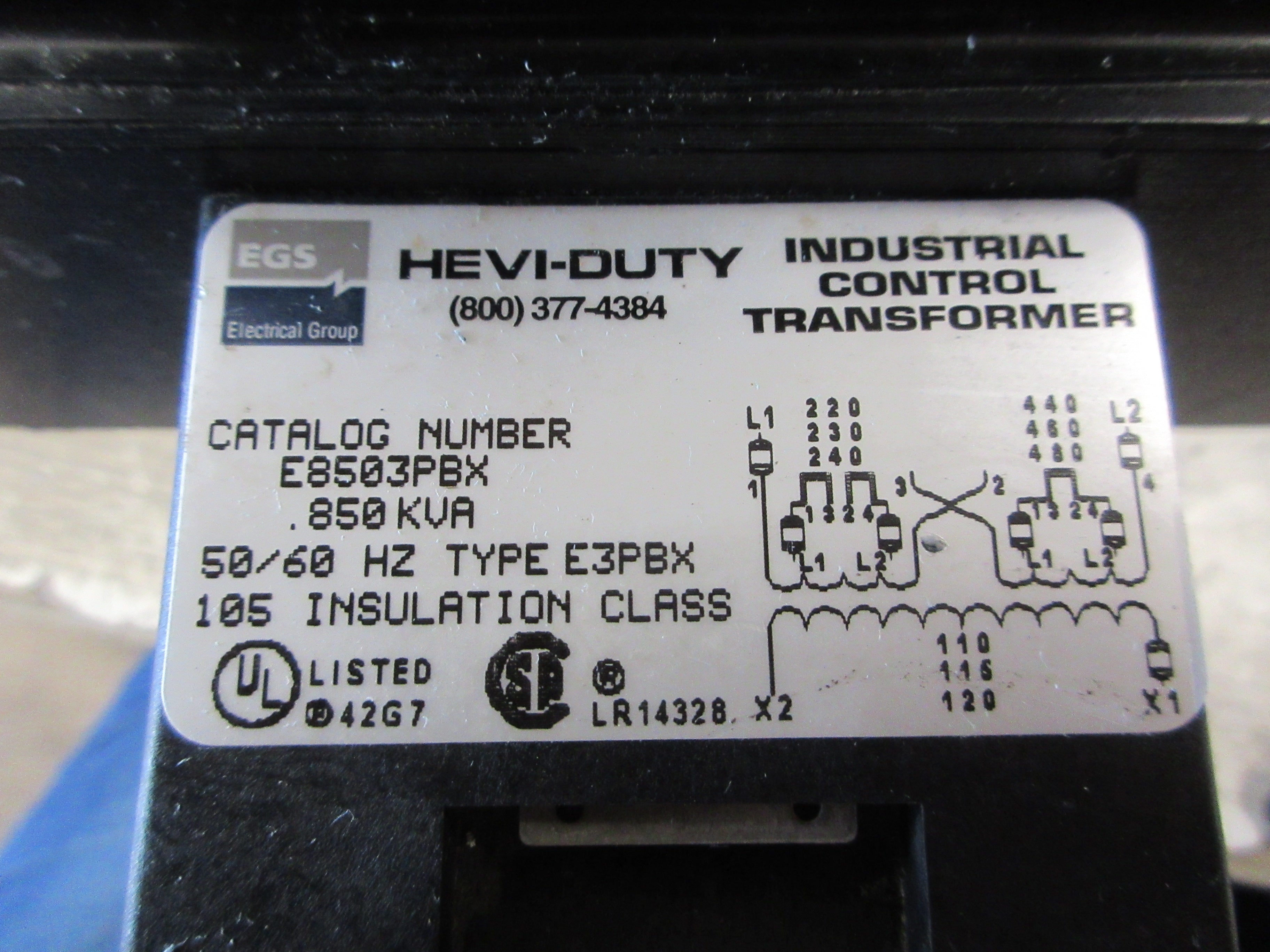 Hevi-Duty Control Transformer E8503PBX 0.850KVA Pri: 240/480V Sec: 120V Used