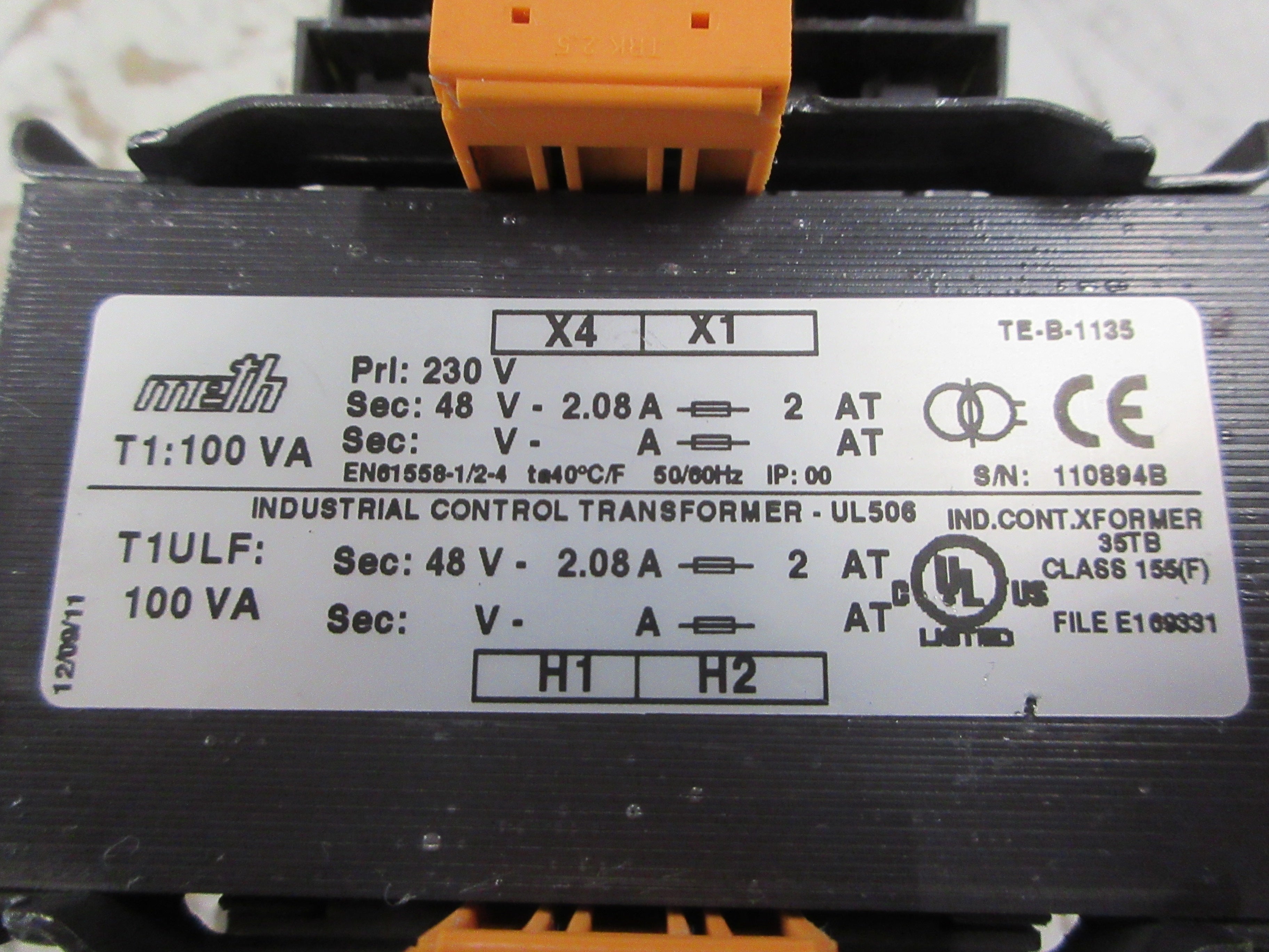 Meth Electric Control Transformer T1ULF Pri: 230V Sec: 480V Used