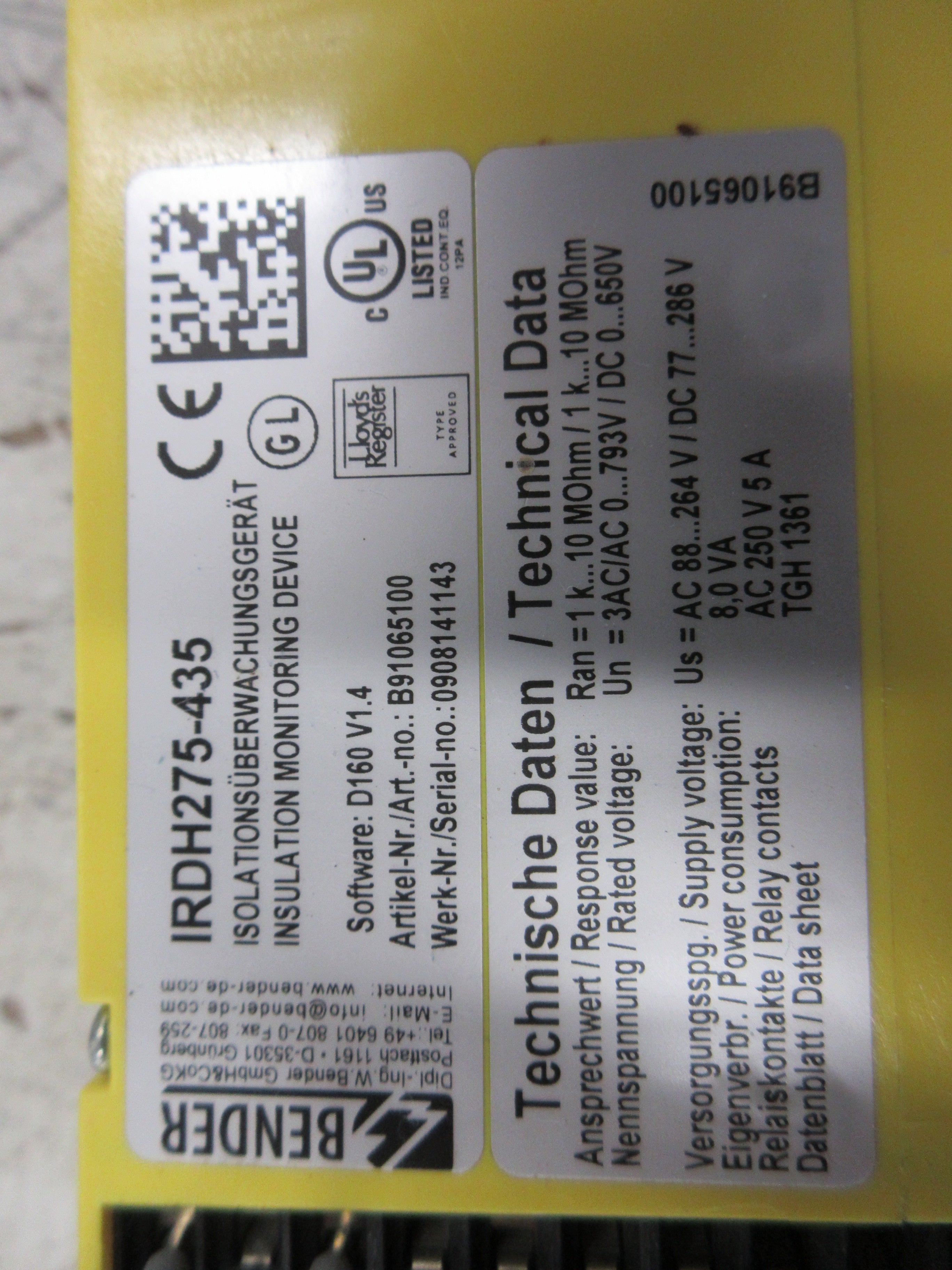 Bender A-Isometer Insulation Monitoring Device IRDH275-435 S/W: D160 V1.4 Used