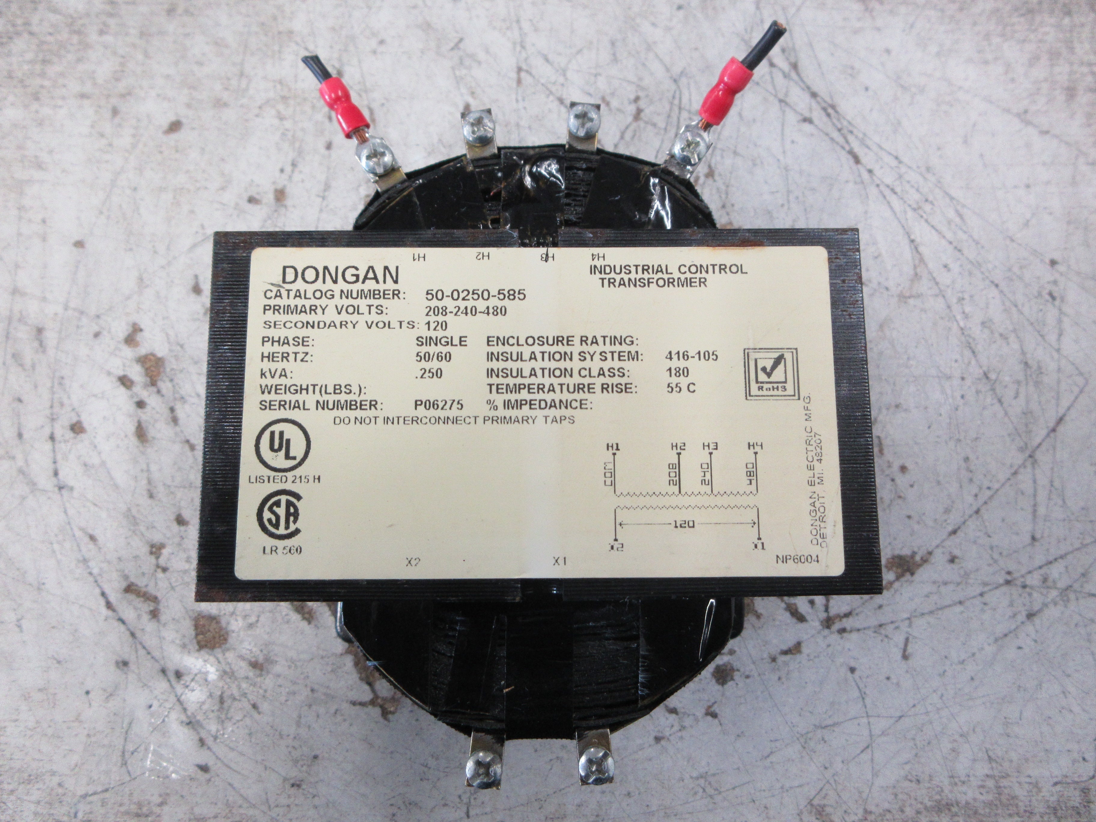 Dongan Control Transformer 50-0250-585 0.250KVA Pri: 208/240/480V Sec: 120V Used