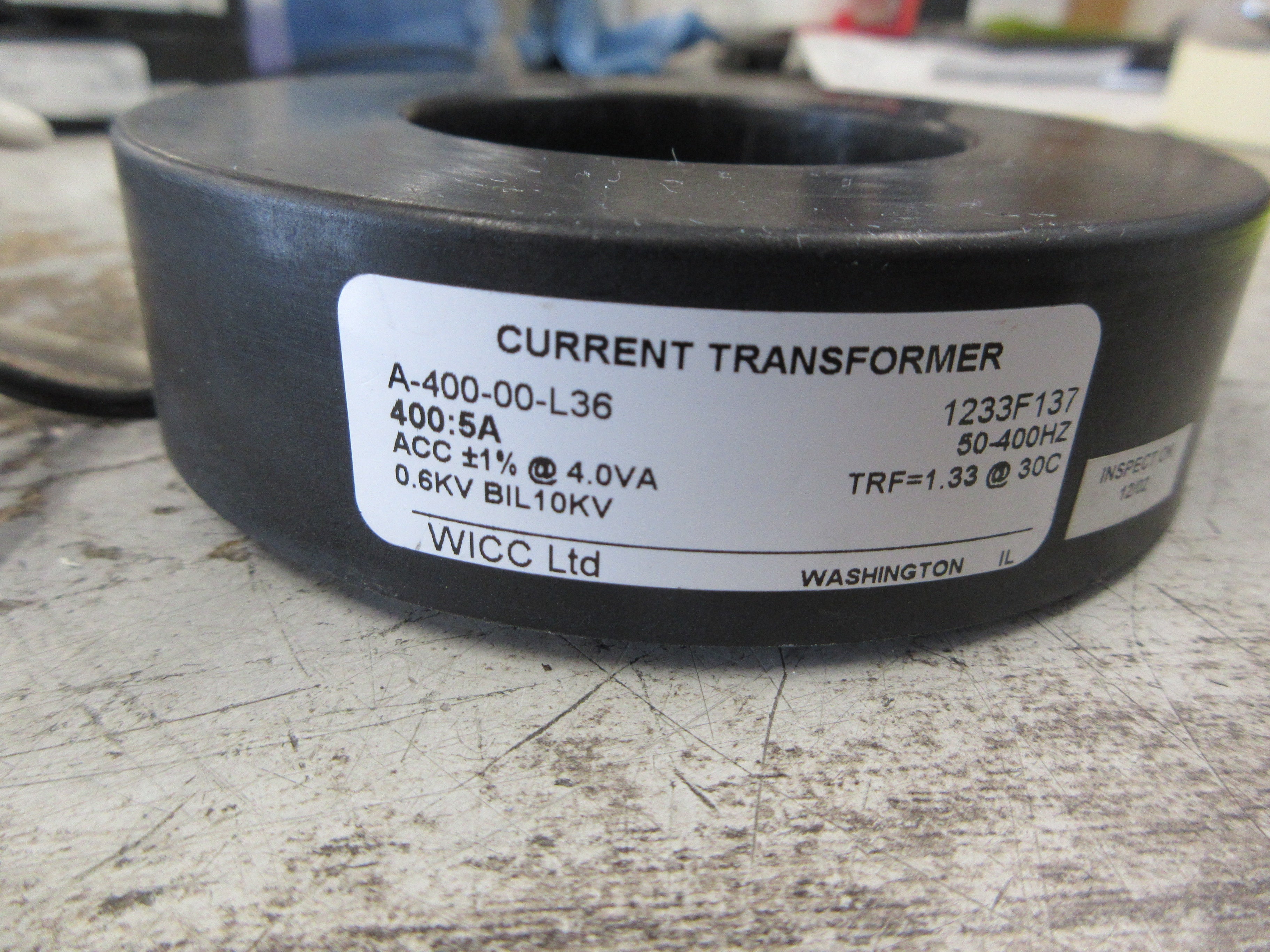 WICC Current Transformer A-400-00-L36 Ratio 400:5A 600V 50-400Hz 10kV BIL Used