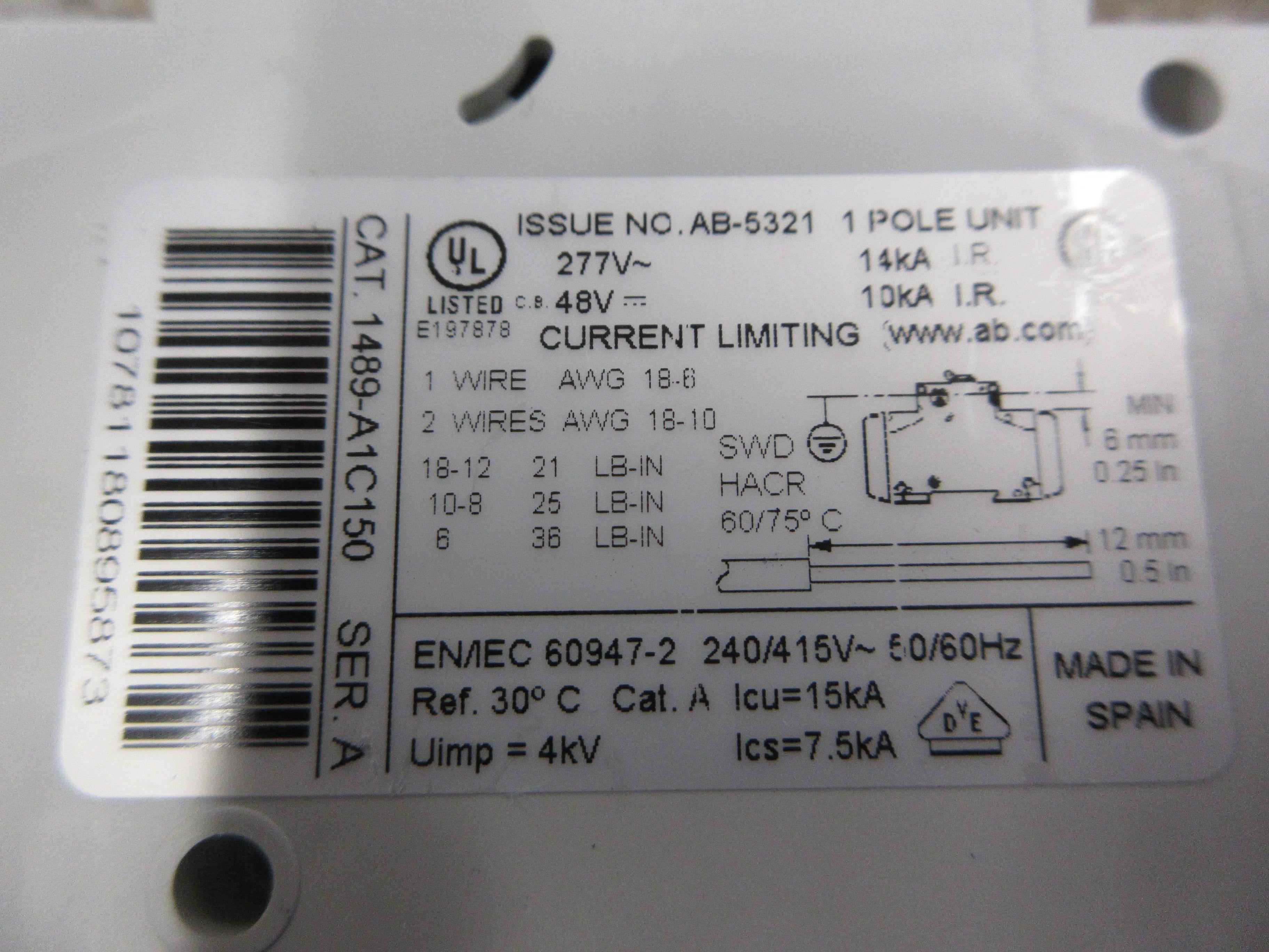 Allen-Bradley Circuit Breaker 1489-A1C150 Ser. A 15A 277V 1P *Lot of 2* Used