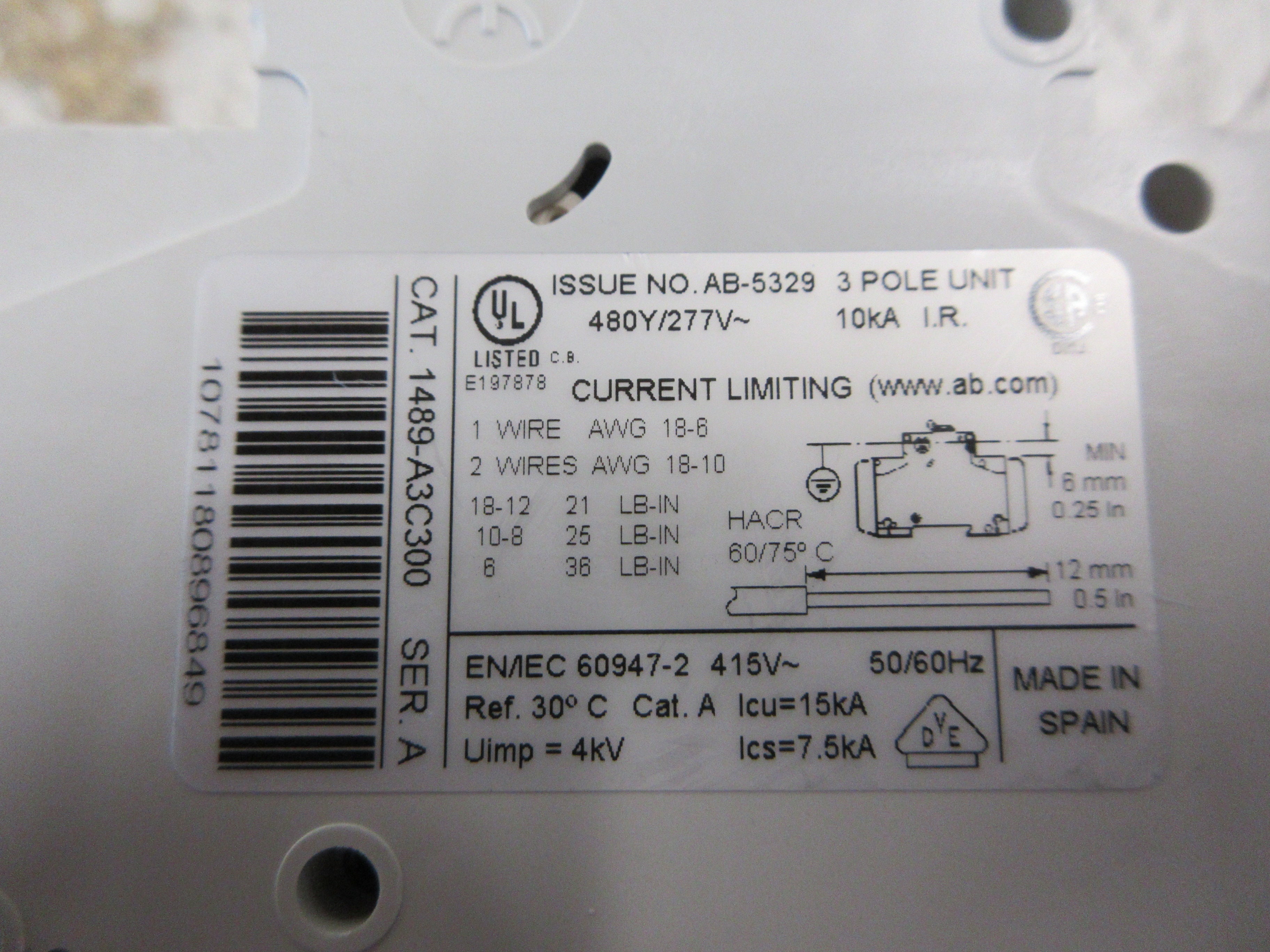 Allen-Bradley Circuit Breaker 1489-A3C300 Ser. A 30A 480Y/277V 3P Used