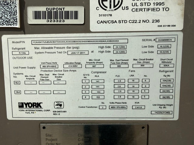 York YCAV Air Cooled Chiller YCAV0417VA46V 400 Ton (417 Ton Nominal) 460V Used