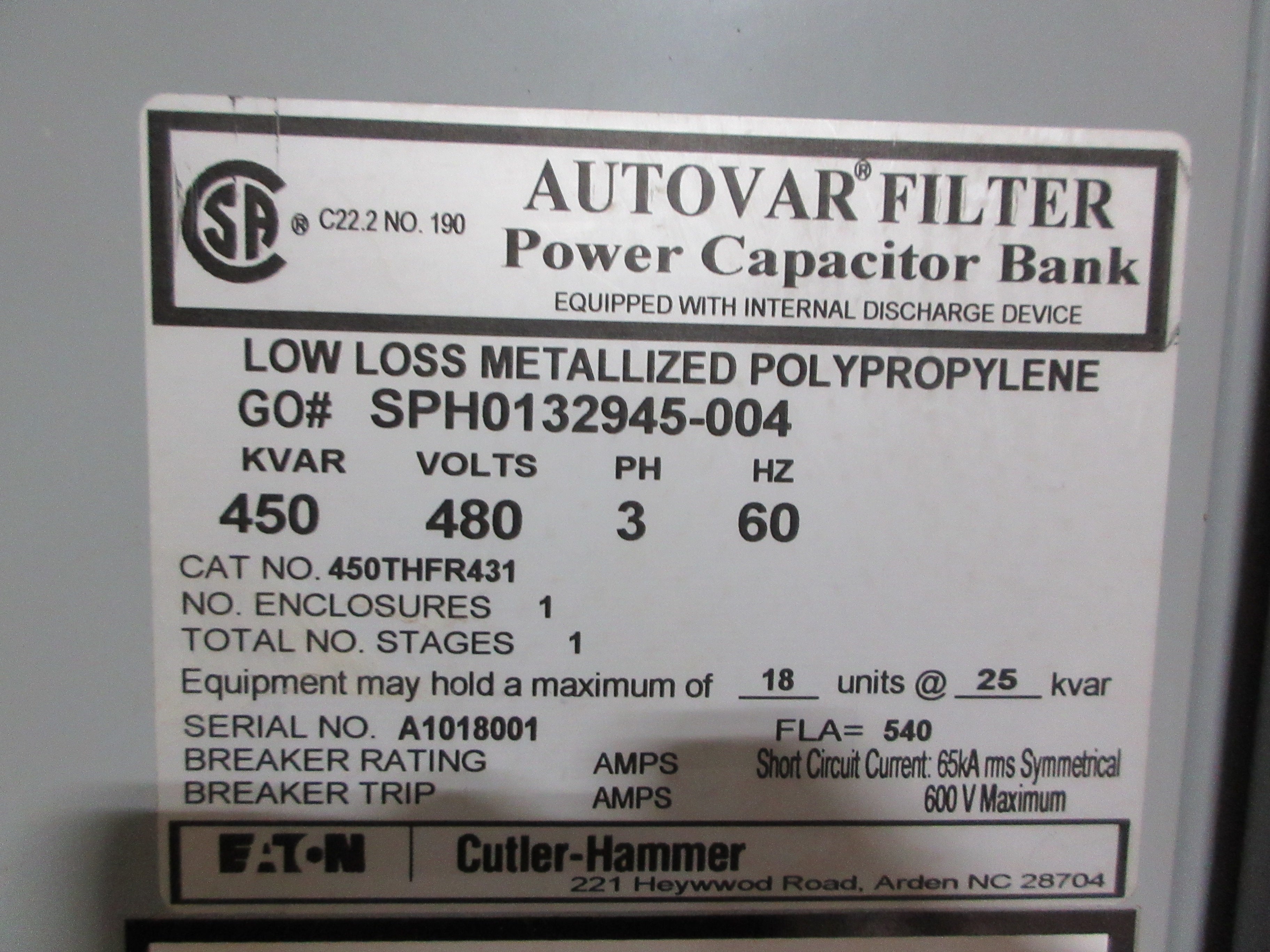 Eaton Autovar Filter Power Capacitor Bank 450THFR431 450KVAR 480V 3Ph 60Hz Used