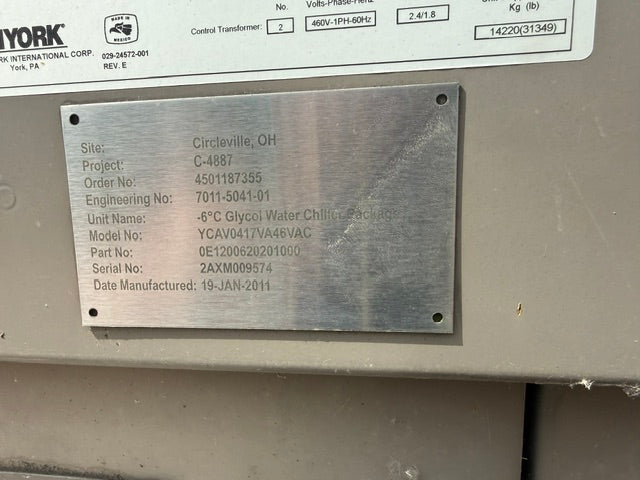 York YCAV Air Cooled Chiller YCAV0417VA46V 400 Ton (417 Ton Nominal) 460V Used