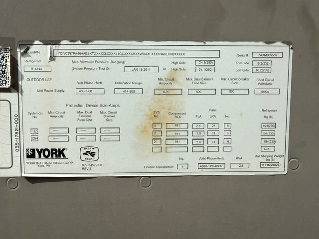 York YCIV Air Cooled Chiller YCIV0397PA46V 400 Ton (397 Ton Nominal) 460V Used