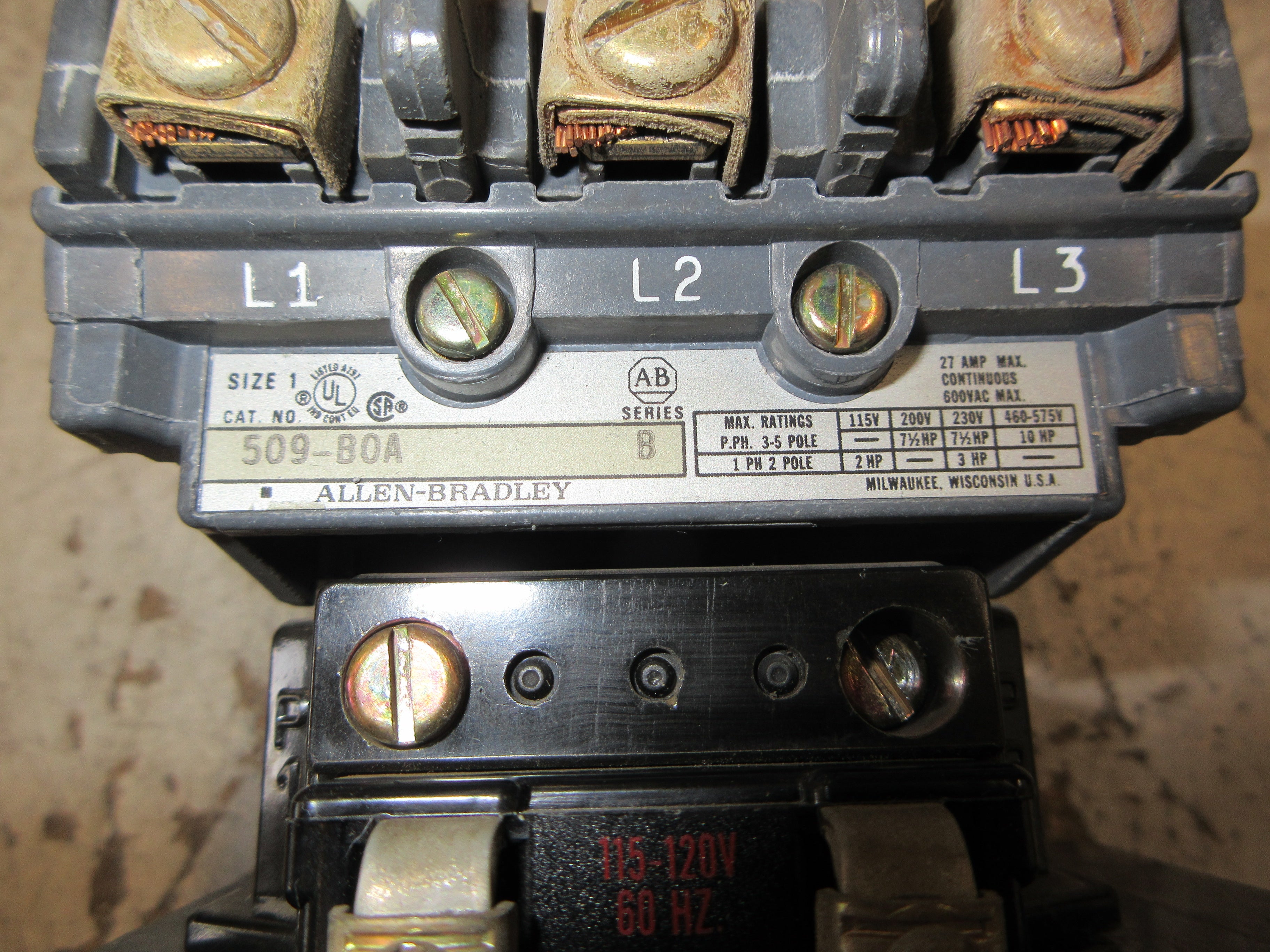 Allen-Bradley Size 1 Starter 509-BOA Ser. B 115-120V Coil 27A 600V Used