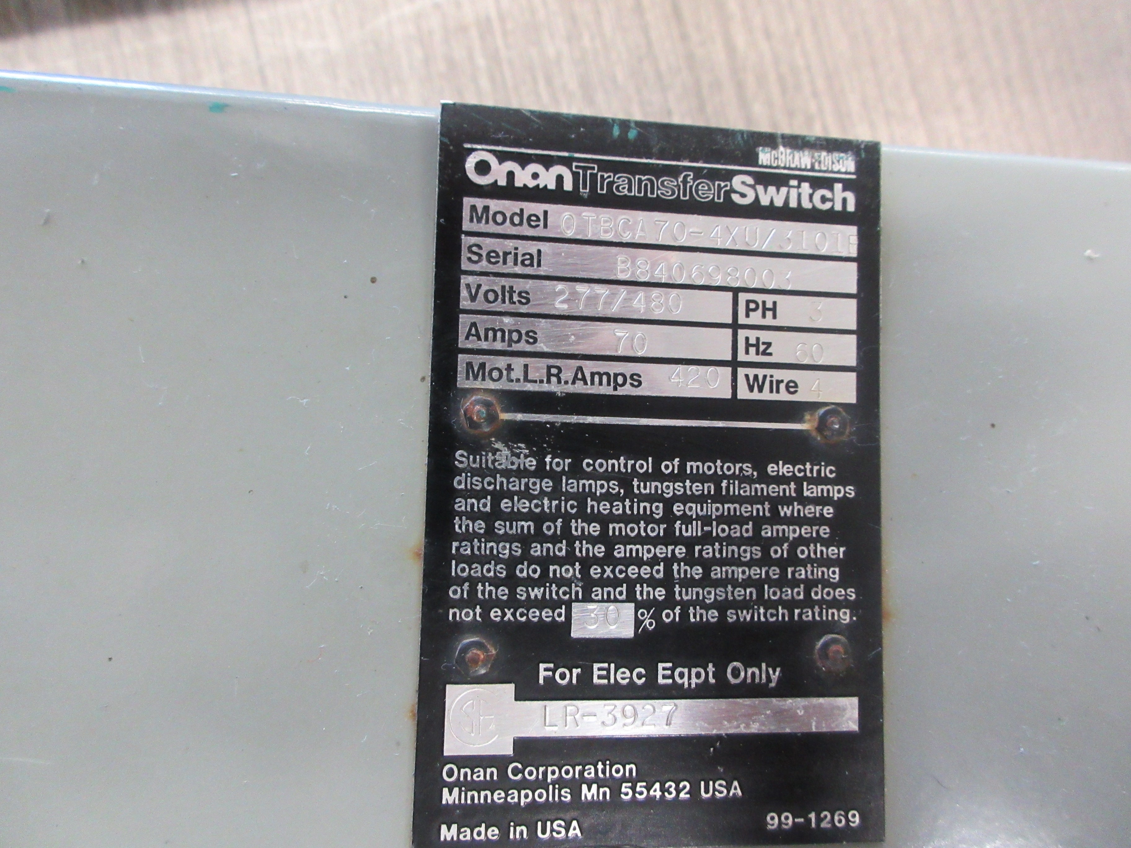 Onan Automatic Transfer Switch Control OTBCA70-4XU/3101E 70A 277/480V 3Ph Used
