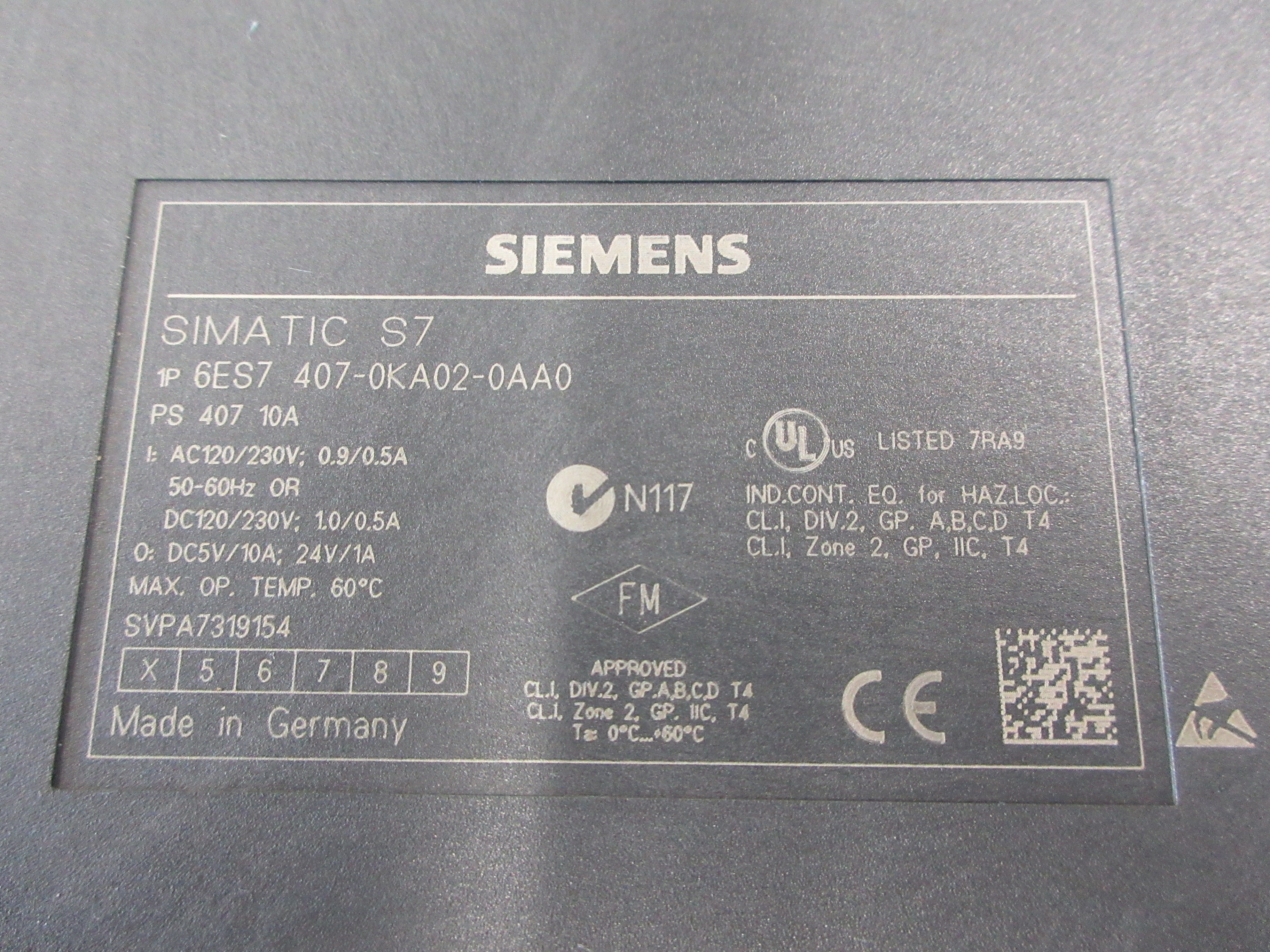 Siemens Simatic S7-400 SV Power Supply Module 6ES7 407-0KA02-0AA0 Used