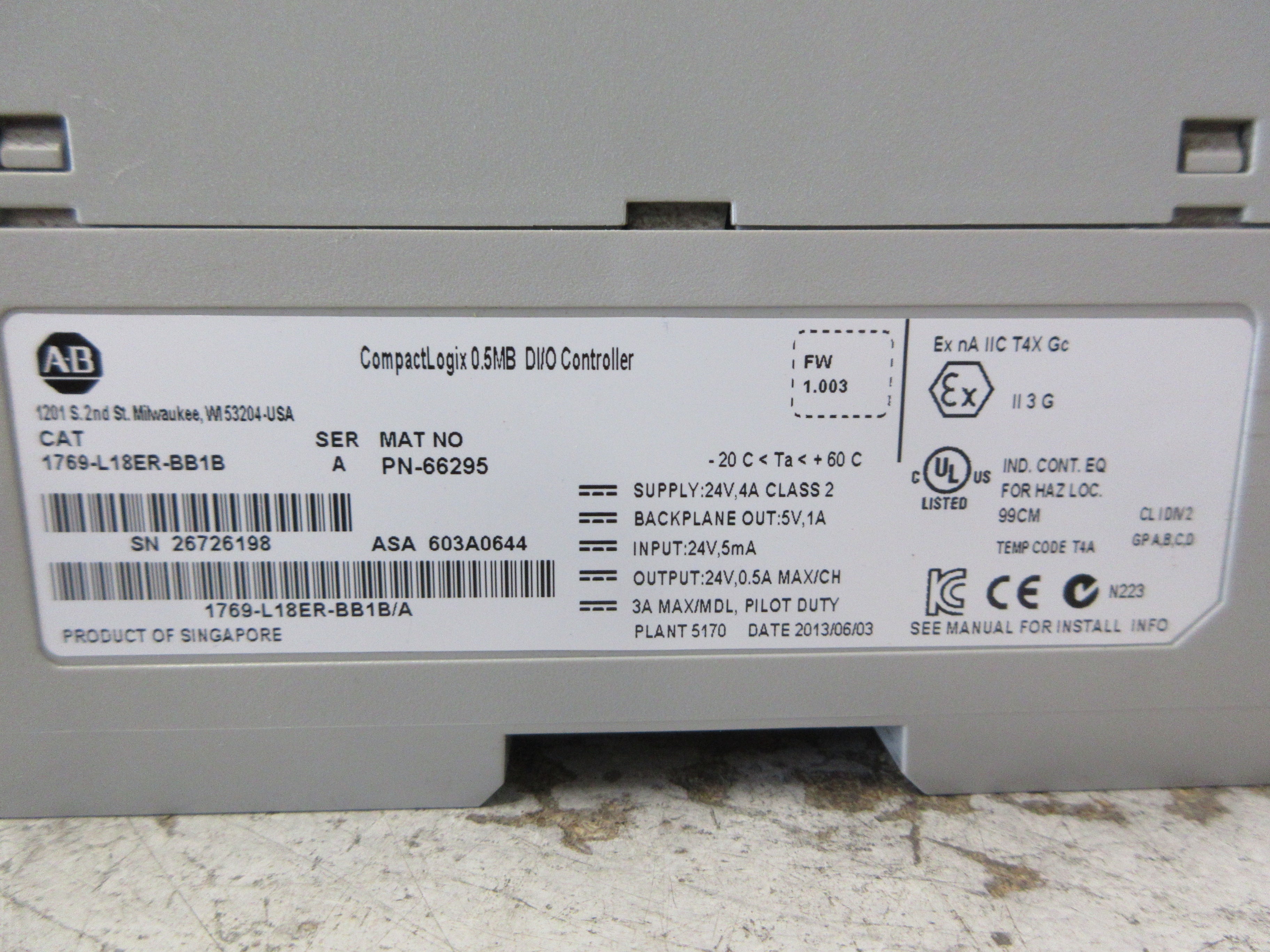 Allen-Bradley CompactLogix DI/O Controller 1769-L18ER-BB1B Ser. A FW: 1.003 Used