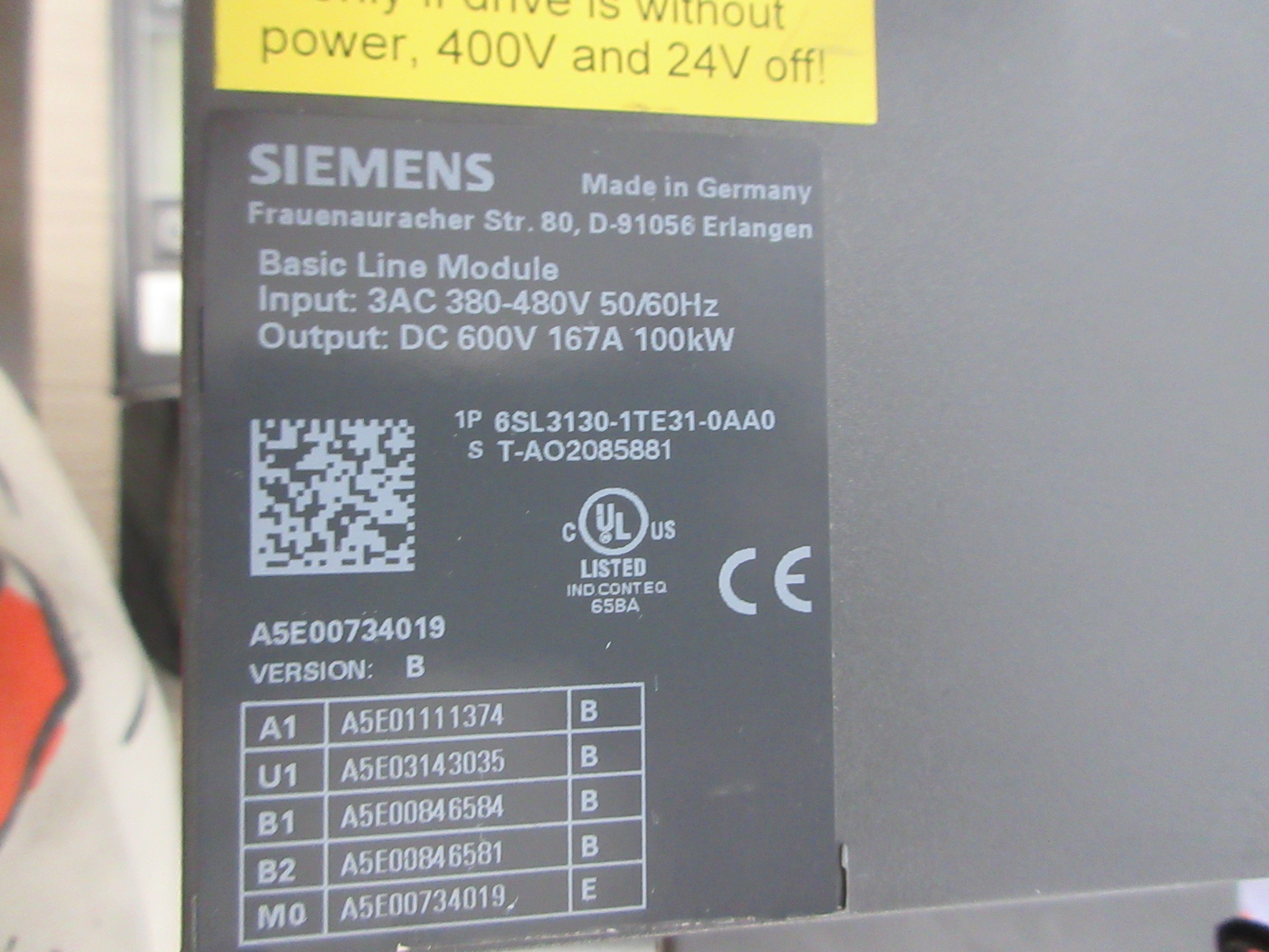 Siemens Basic Line Module 6SL3130-1TE31-0AA0 Ver. B 100KW Used