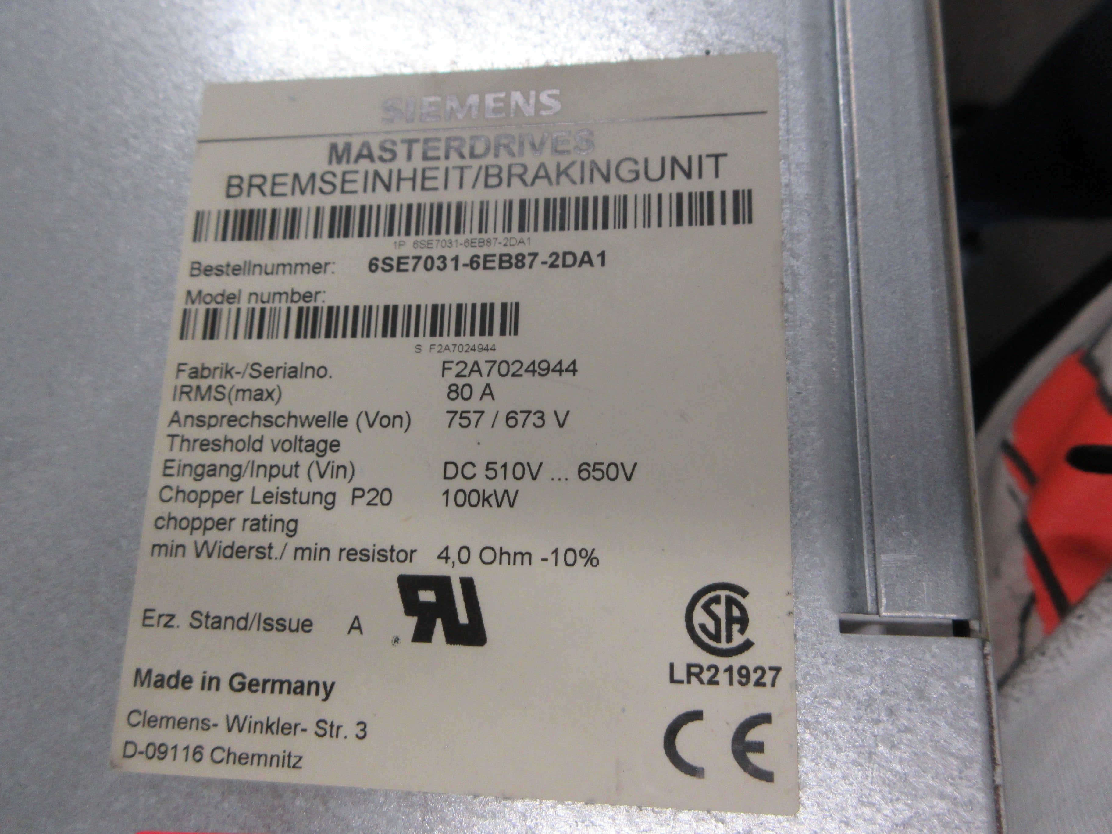 Siemens Masterdrives Braking Unit 6SE7031-6EB87-2DA1 E-Stand/Issue: A 100KW Used