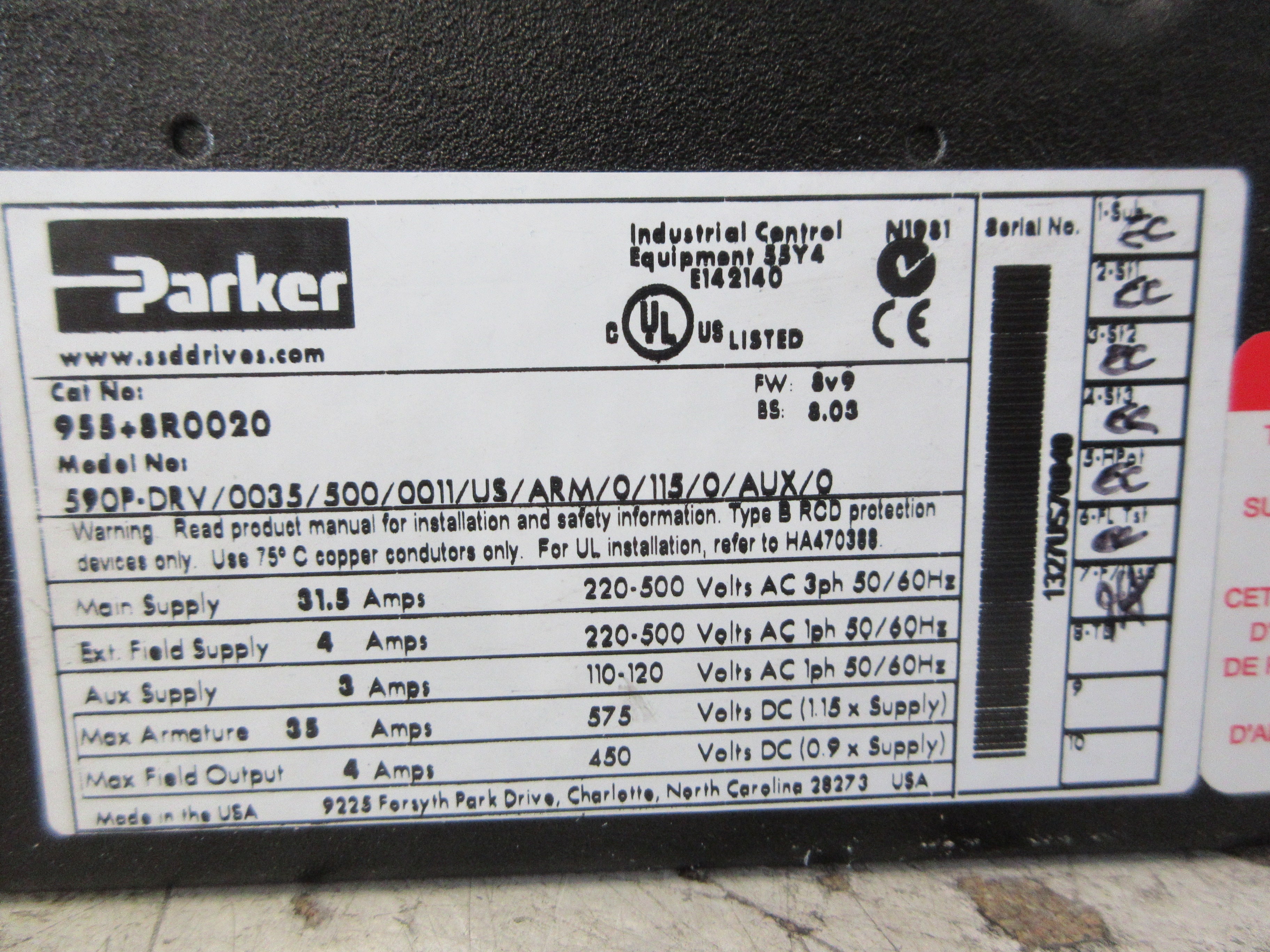Parker DC 590+ Series 2 Integrator DC Drive 955+8R0020 FW: 8v9 BS: 8.03 Used