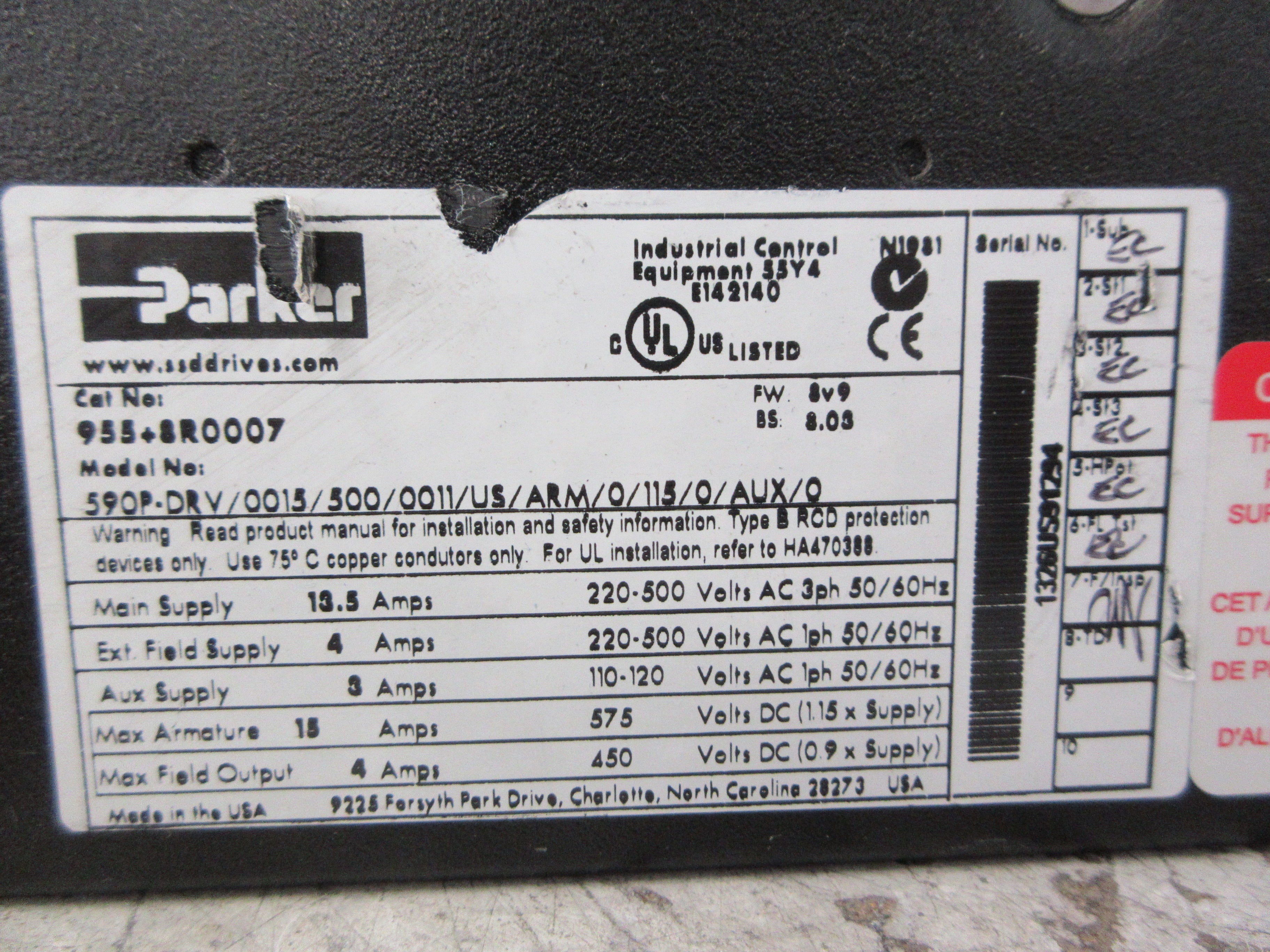 Parker DC 590+ Series 2 Integrator DC Drive 955+8R0007 FW: 8V9 BS: 8.03 Used