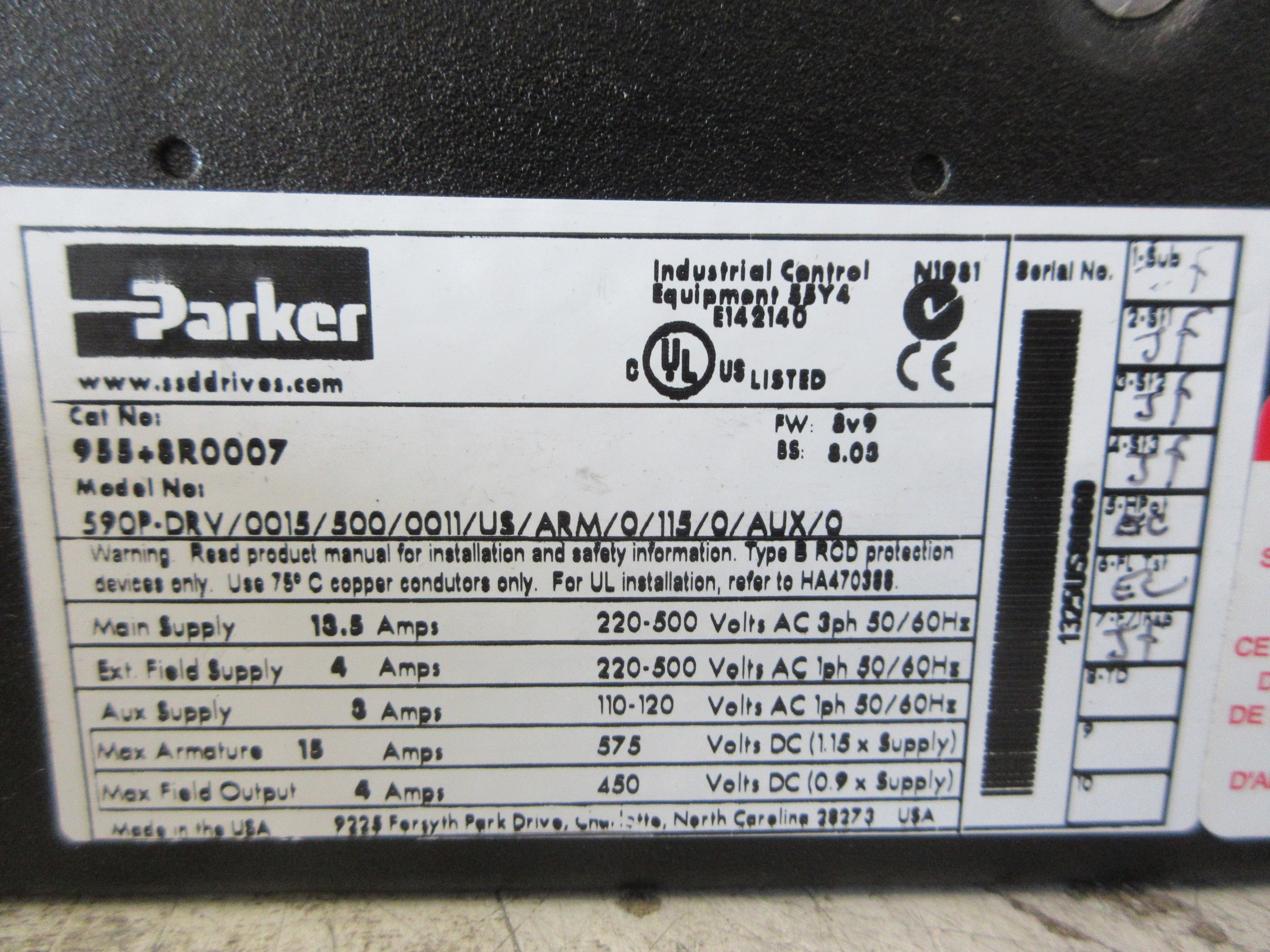 Parker DC 590+ Series 2 Integrator DC Drive 955+8R0007 FW: 8V9 BS: 8.03 Used