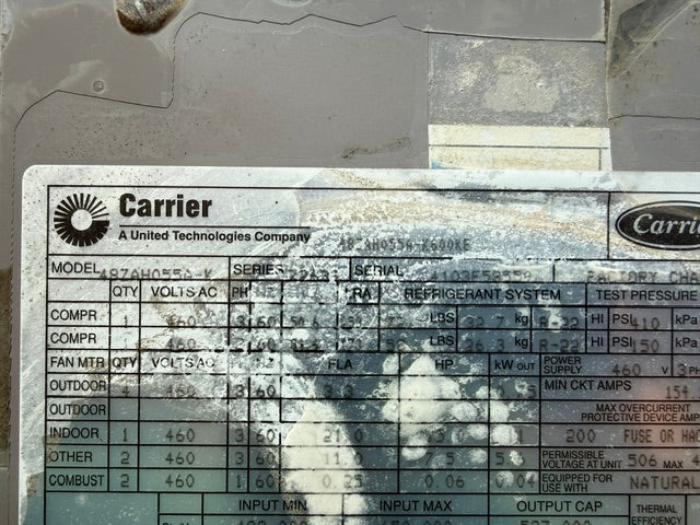 Carrier 48ZA Rooftop Unit 48ZAH055A-K 55 TON 460V 3Ph MFD: 2003 Used