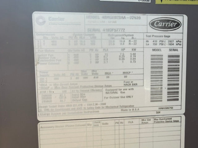 Carrier 48HGE Rooftop Unit 48HGE028AA-6--AG 25 Tons 460V 3Ph Used