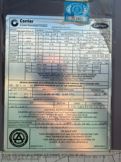 Carrier 48ZA Rooftop Unit 48ZAH055A-K 55 TON 460V 3Ph MFD: 2003 Used