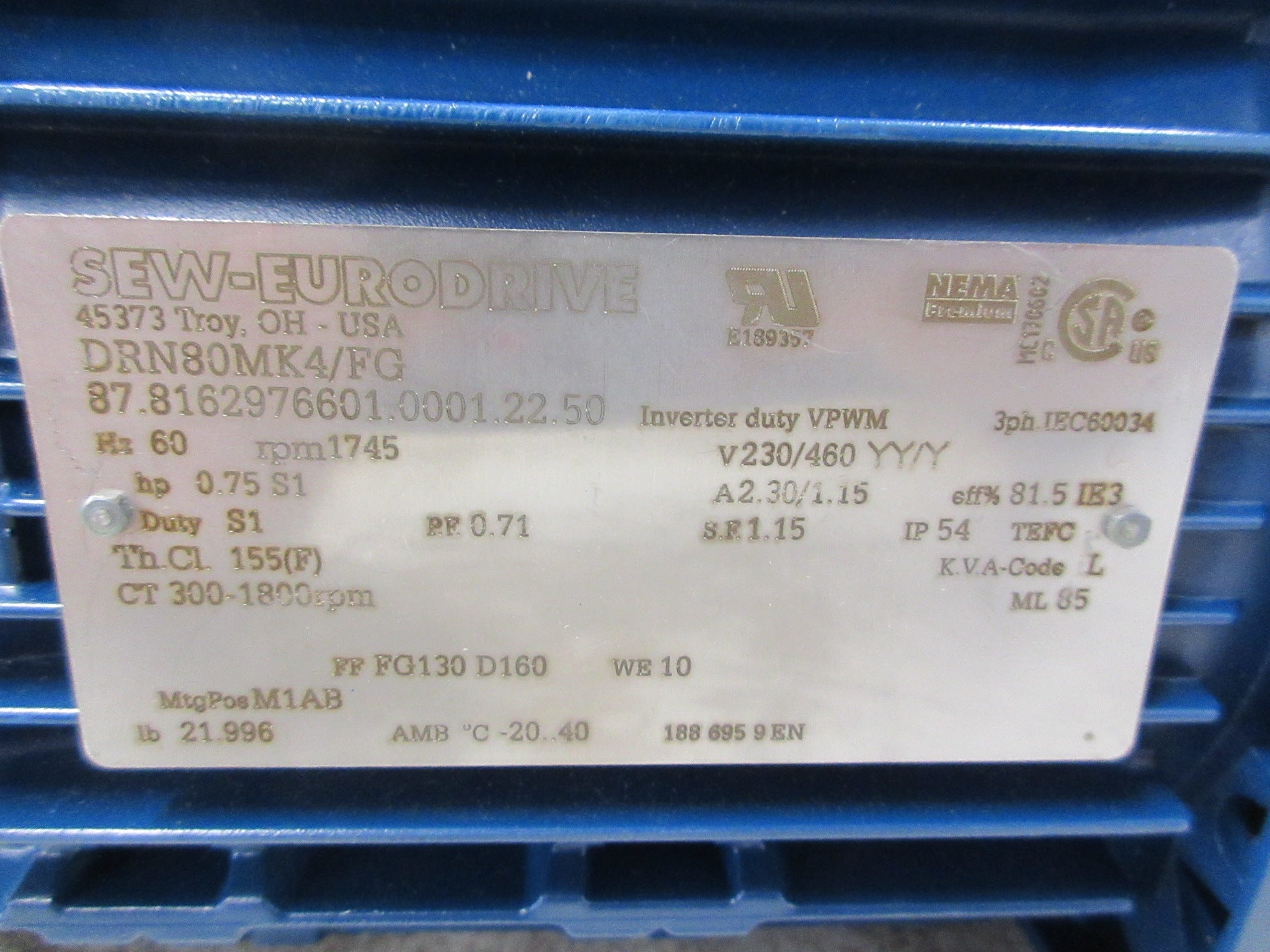 Sew-Eurodrive Motor DRN80MK4/FG 0.75HP 230/460V 1745RPM 2.30/1.15A New Surplus
