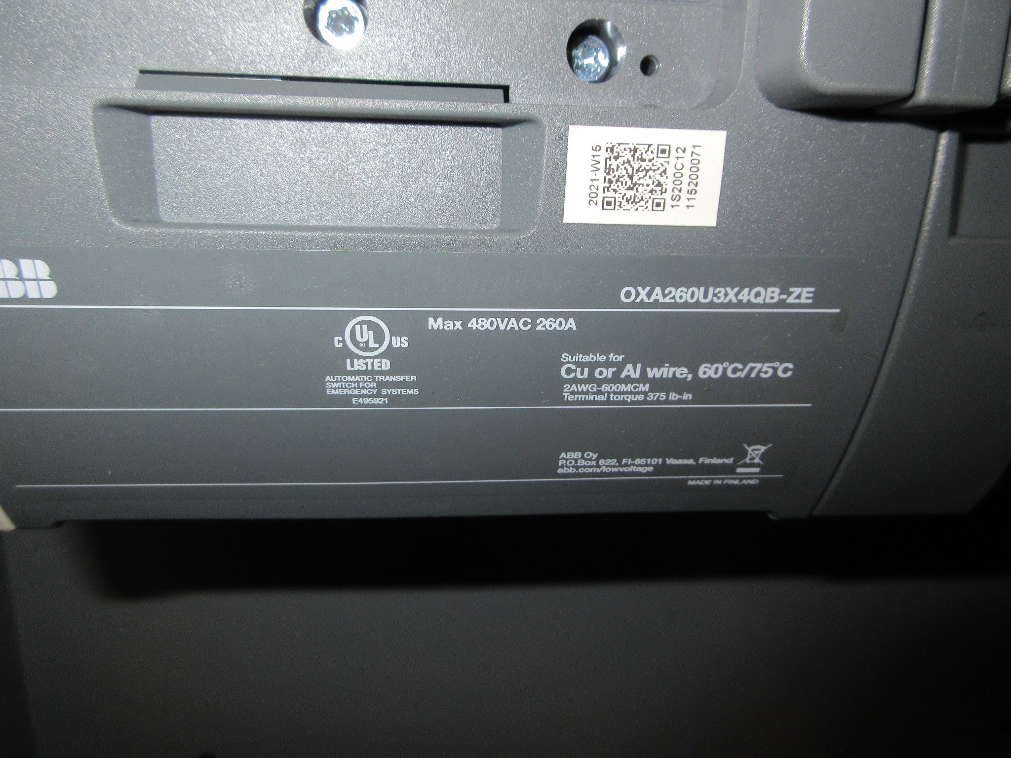ABB Automatic Transfer Switch OXA260U3X4QB-ZE 260A 480V Used
