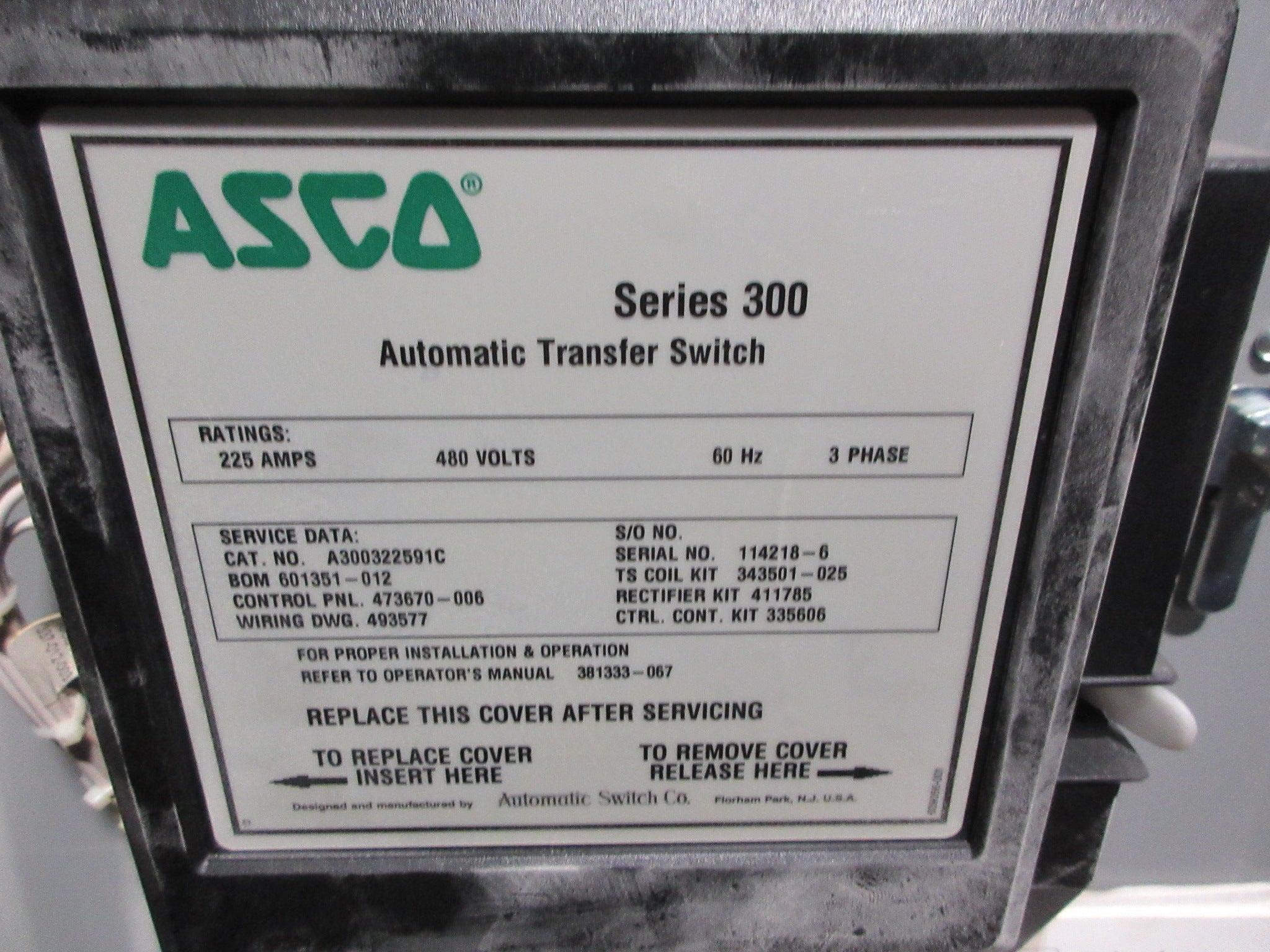 Asco Series 300 Automatic Transfer Switch A300322591C 225A 480V 60Hz 3Ph Used