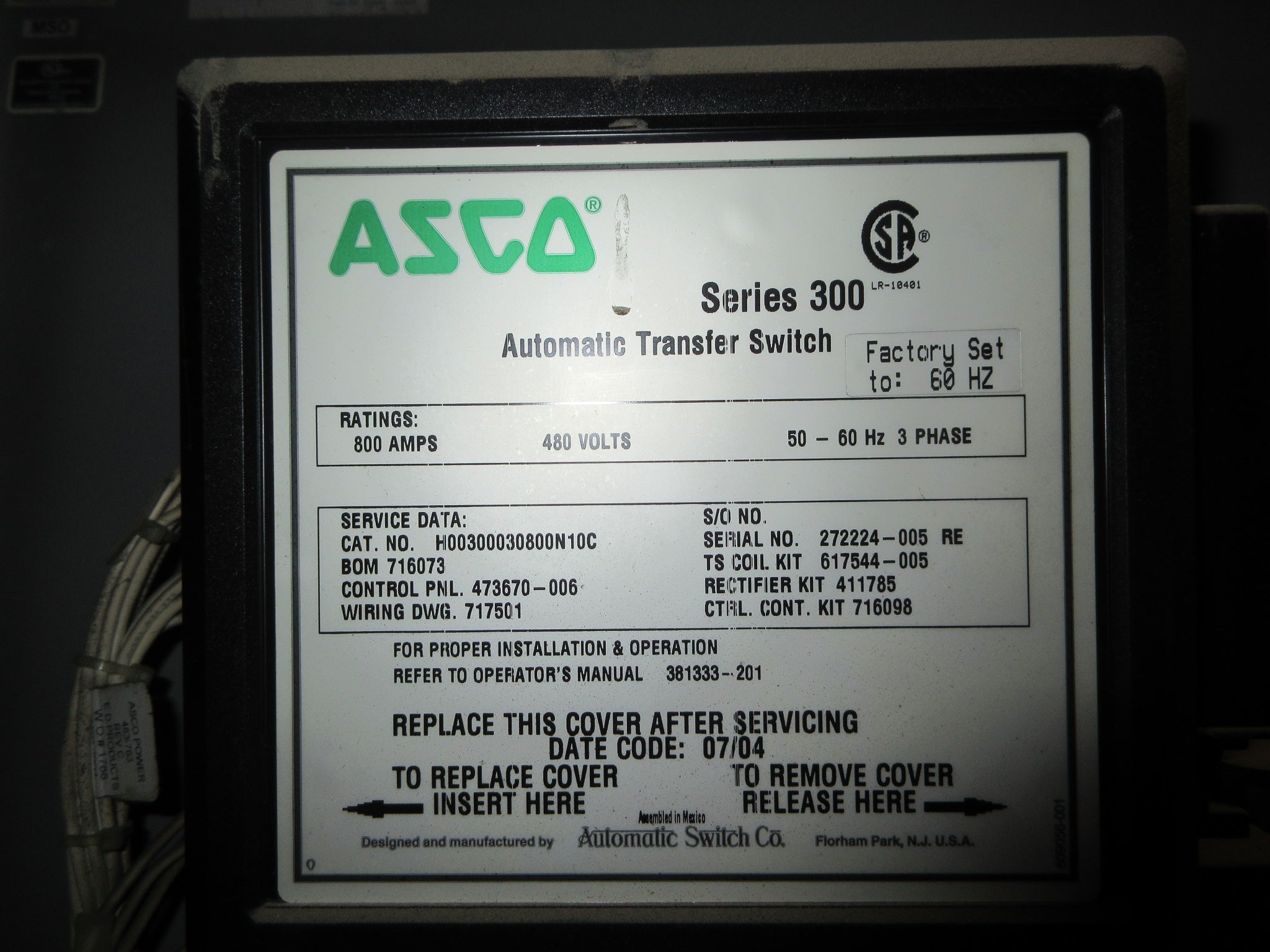 Asco Series 300 Automatic Transfer Switch H00300030800N10C 800A 480V 3Ph Used