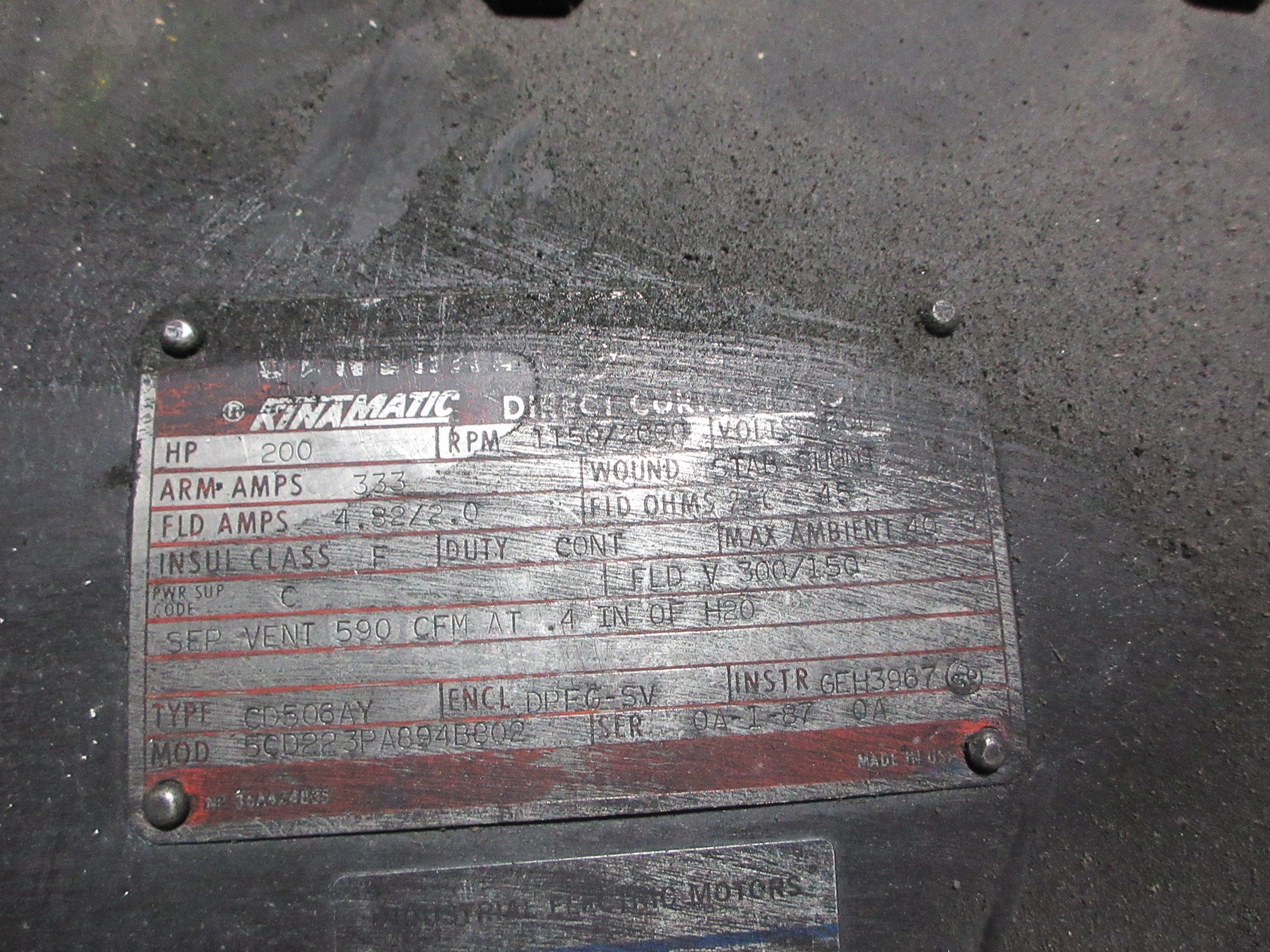 Rinamatic DC Motor 5CD223PA894B802 200HP ARM: 333A FLD: 4.82/2.0A  500V Used
