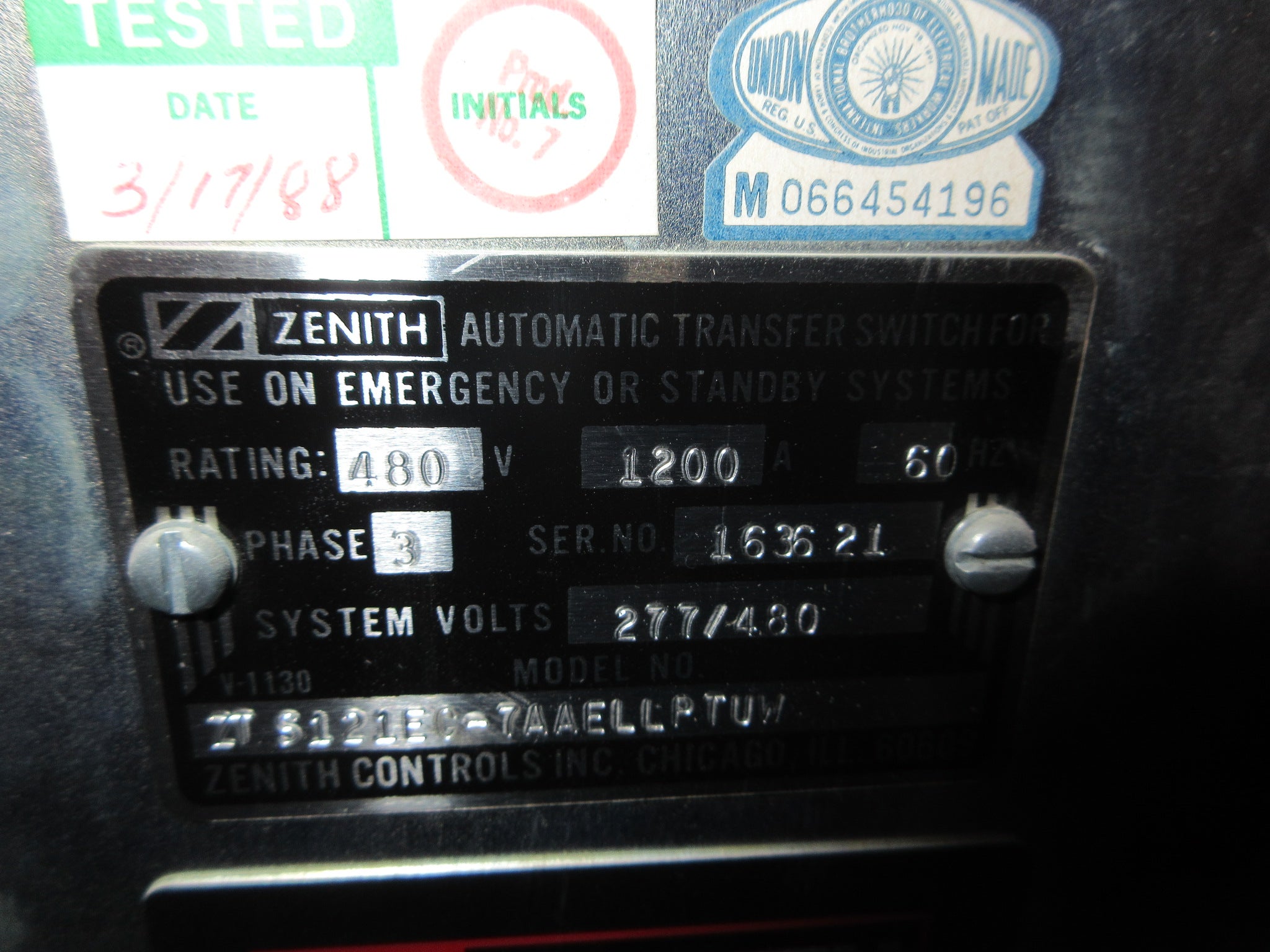 Zenith Automatic Transfer Switch ZTS121EC-7AAELLPTUW 1200A 277/480V 60Hz Used