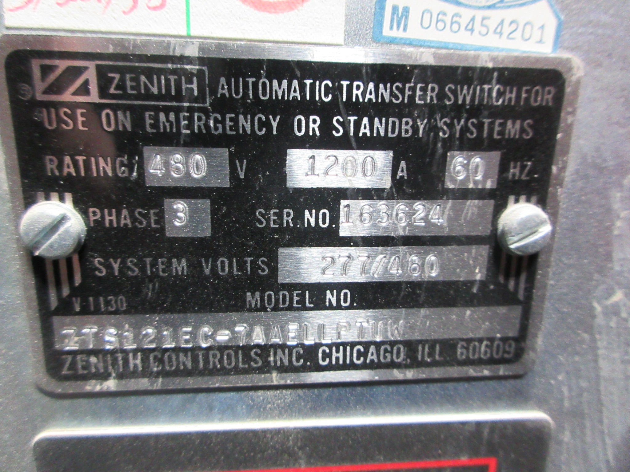 Zenith Automatic Transfer Switch ZTS121EC-7AAELLPTUW 1200A 277/480V 60Hz Used