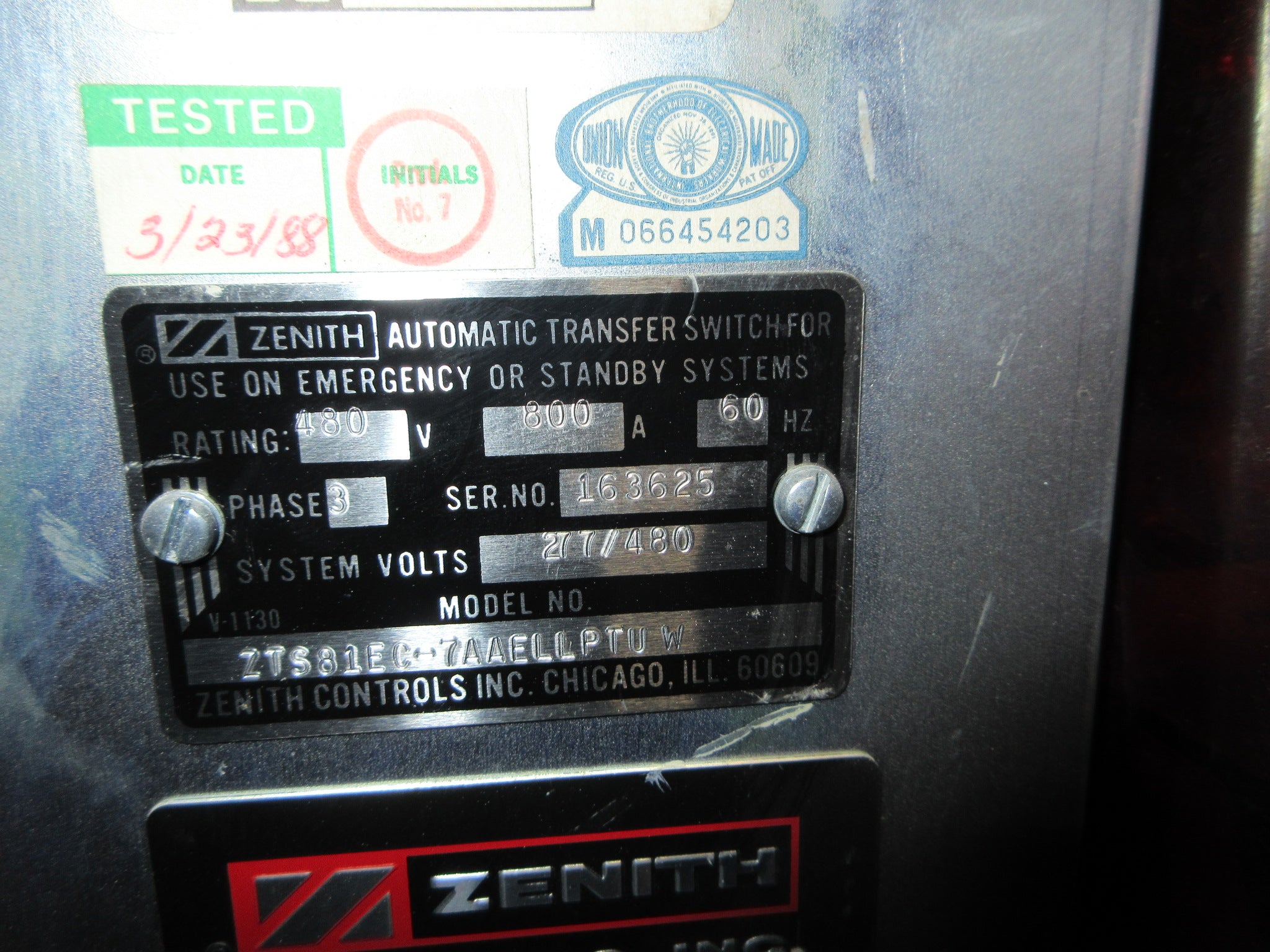 Zenith Automatic Transfer Switch ZTS81EC-7AAELLPTUW 800A 277/480V 60Hz 3Ph Used