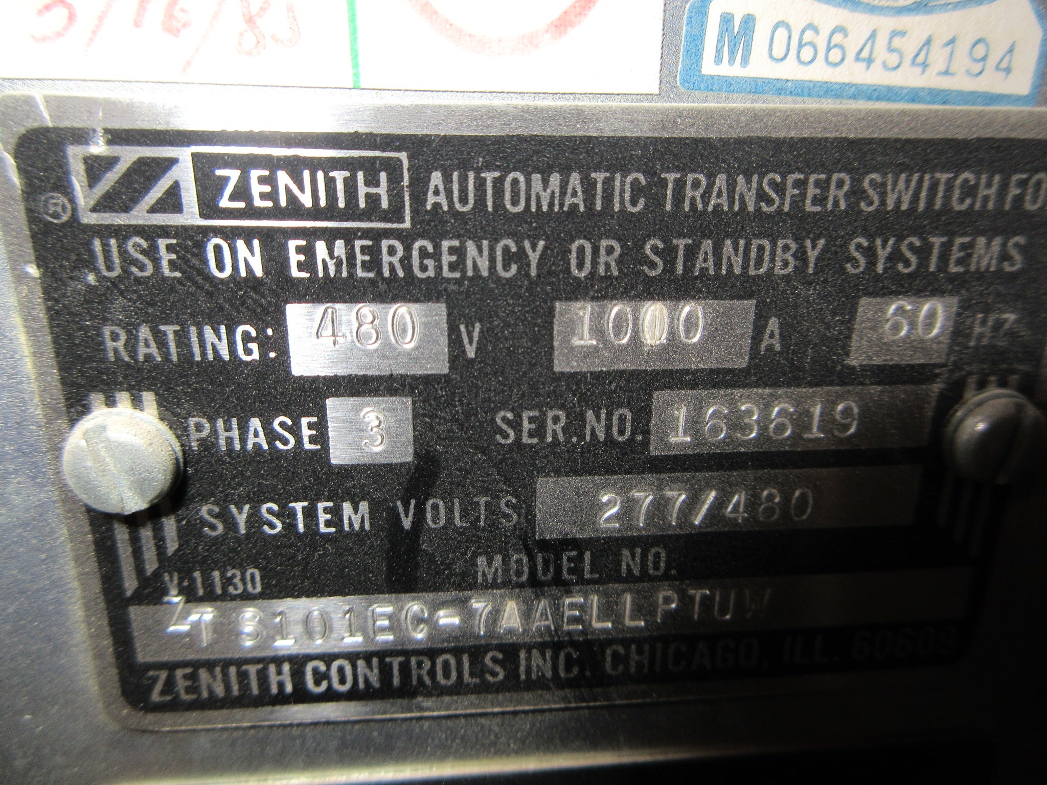 Zenith Automatic Transfer Switch ZTS101EC-7AAELLPTUW 1000A 277/480V 60Hz Used