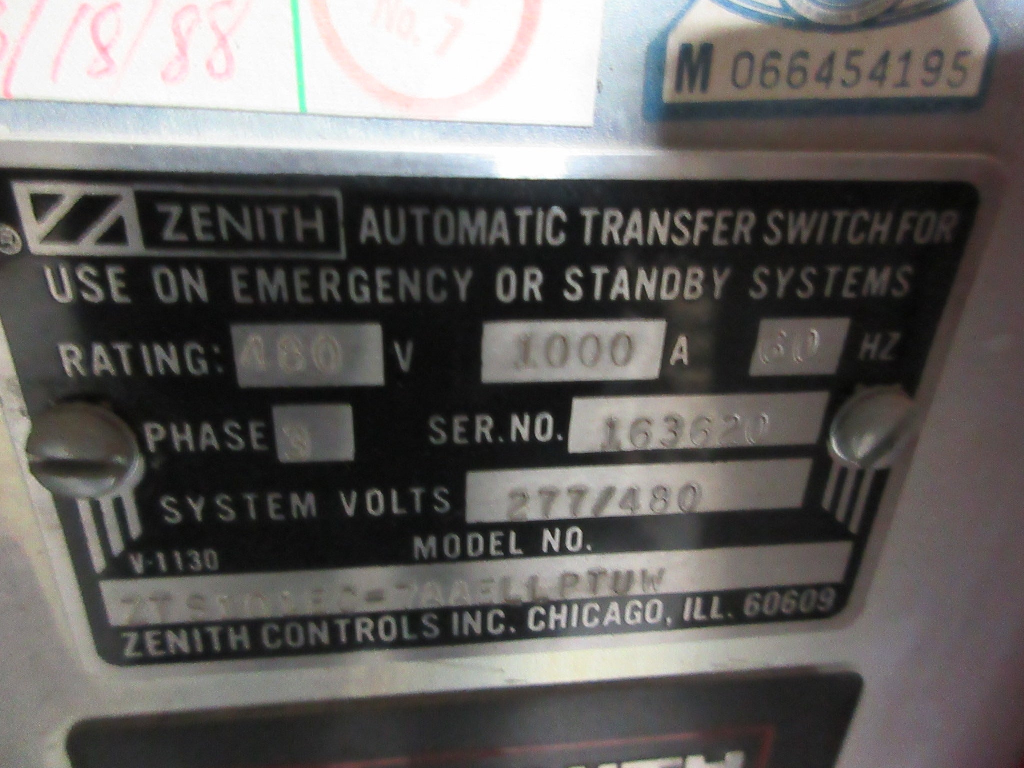 Zenith Automatic Transfer Switch ZTS101EC-7AAELLPTUW 1000A 277/480V 60Hz Used