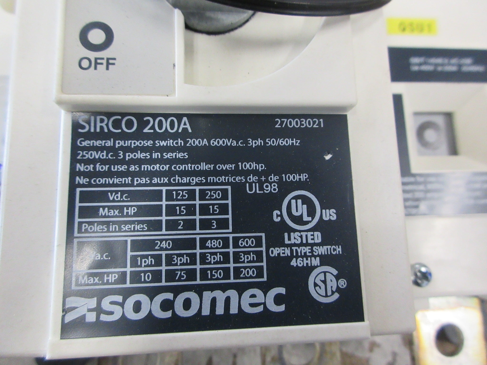 Socomec Sirco Disconnect Switch 27003021 200A 600V 3P Used