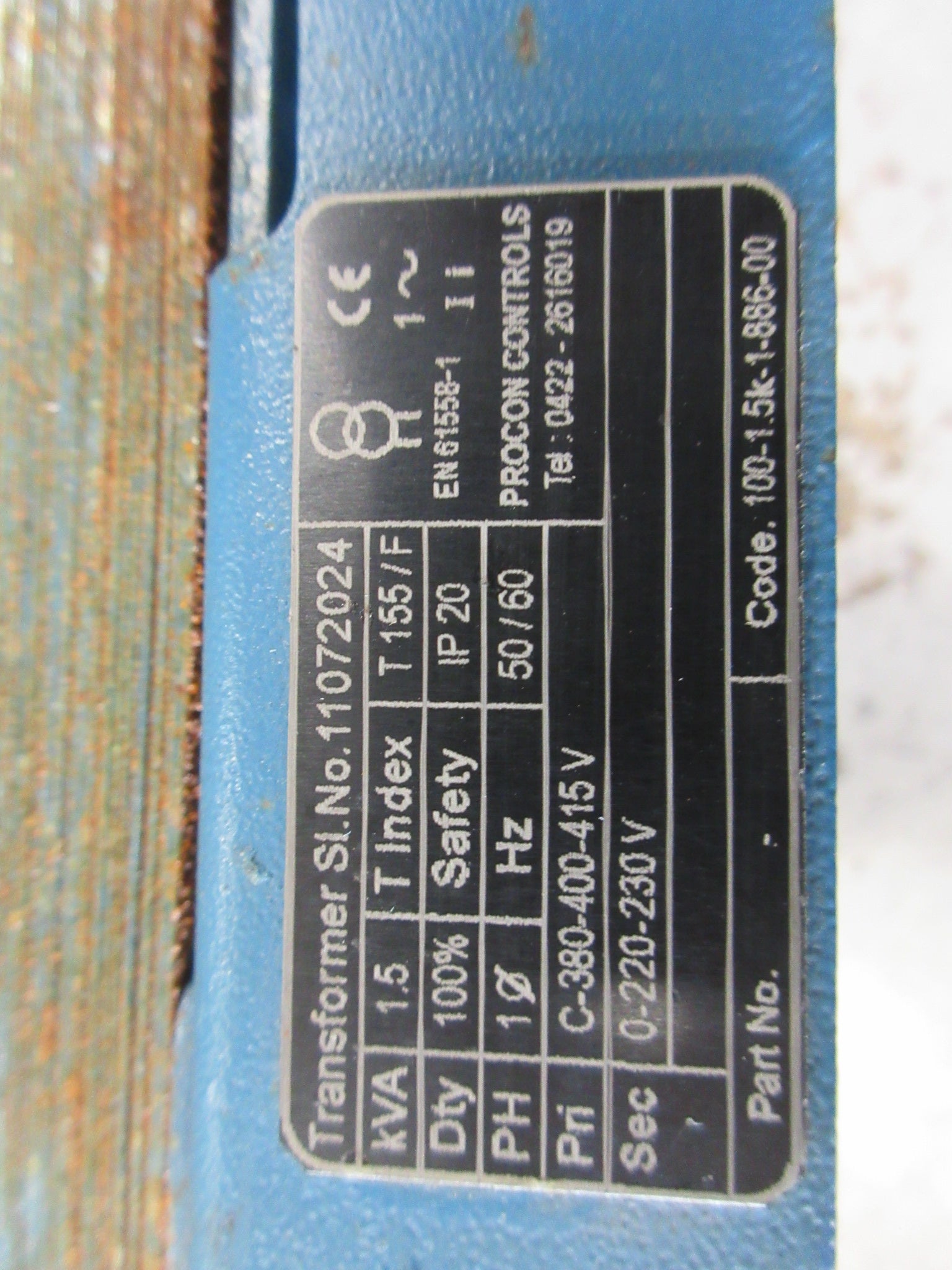 Procon Controls Transformer 100-1.5K-1-886-00 1.5KVA Pri: 380/400/415V Used