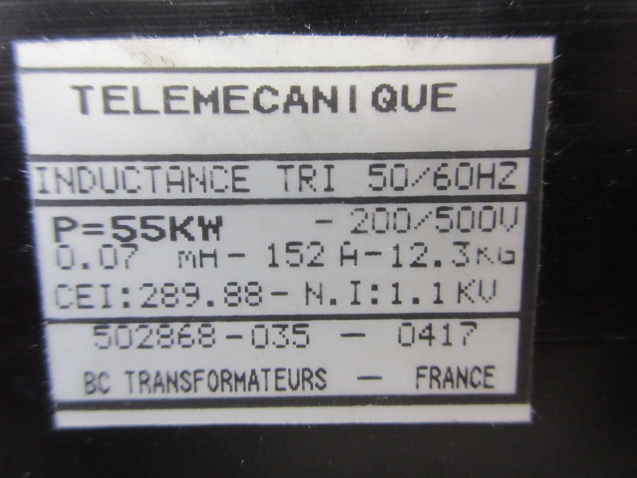 Telemecanique Reactor 502868-035-0417 0.07mH 152A 200/500V 50/60Hz Used