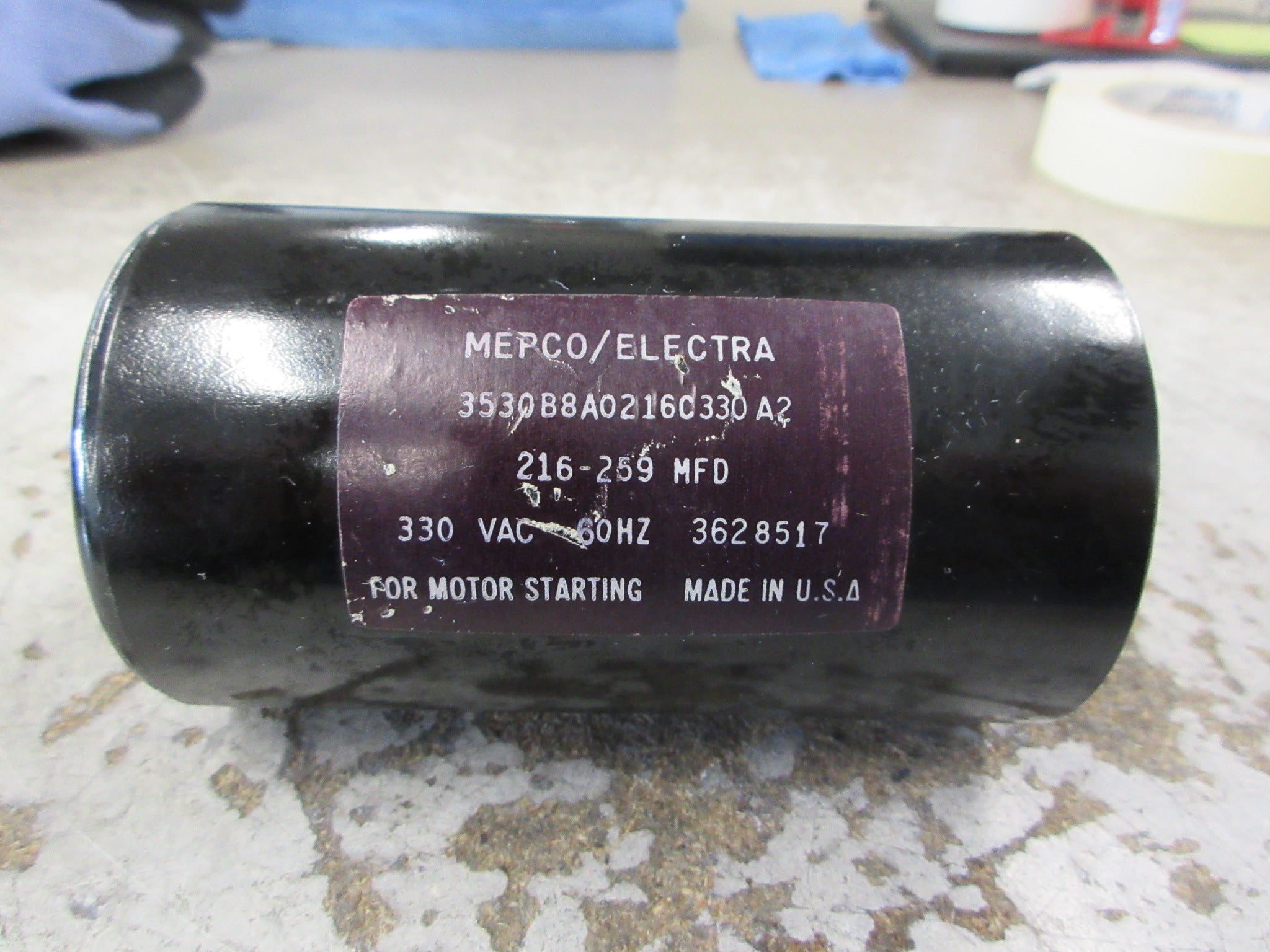 Mepco/Electra Start Capacitor 3530B8A0216C330 A2 216-259 MFD 330V 60Hz Used