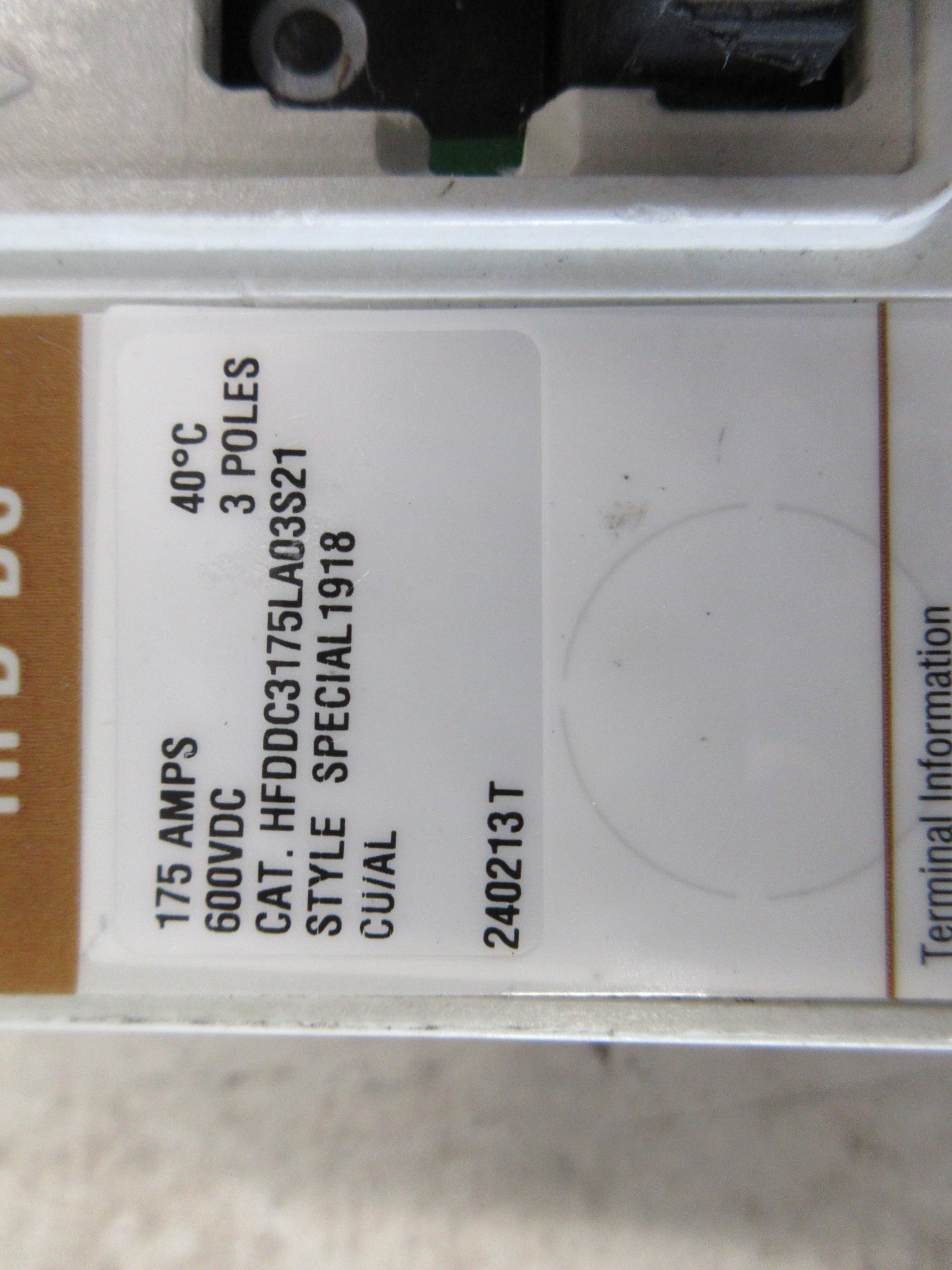 Eaton HFD-DC Circuit Breaker HFDDC3175LA03S21 Style: SPECIAL1918 175A Used