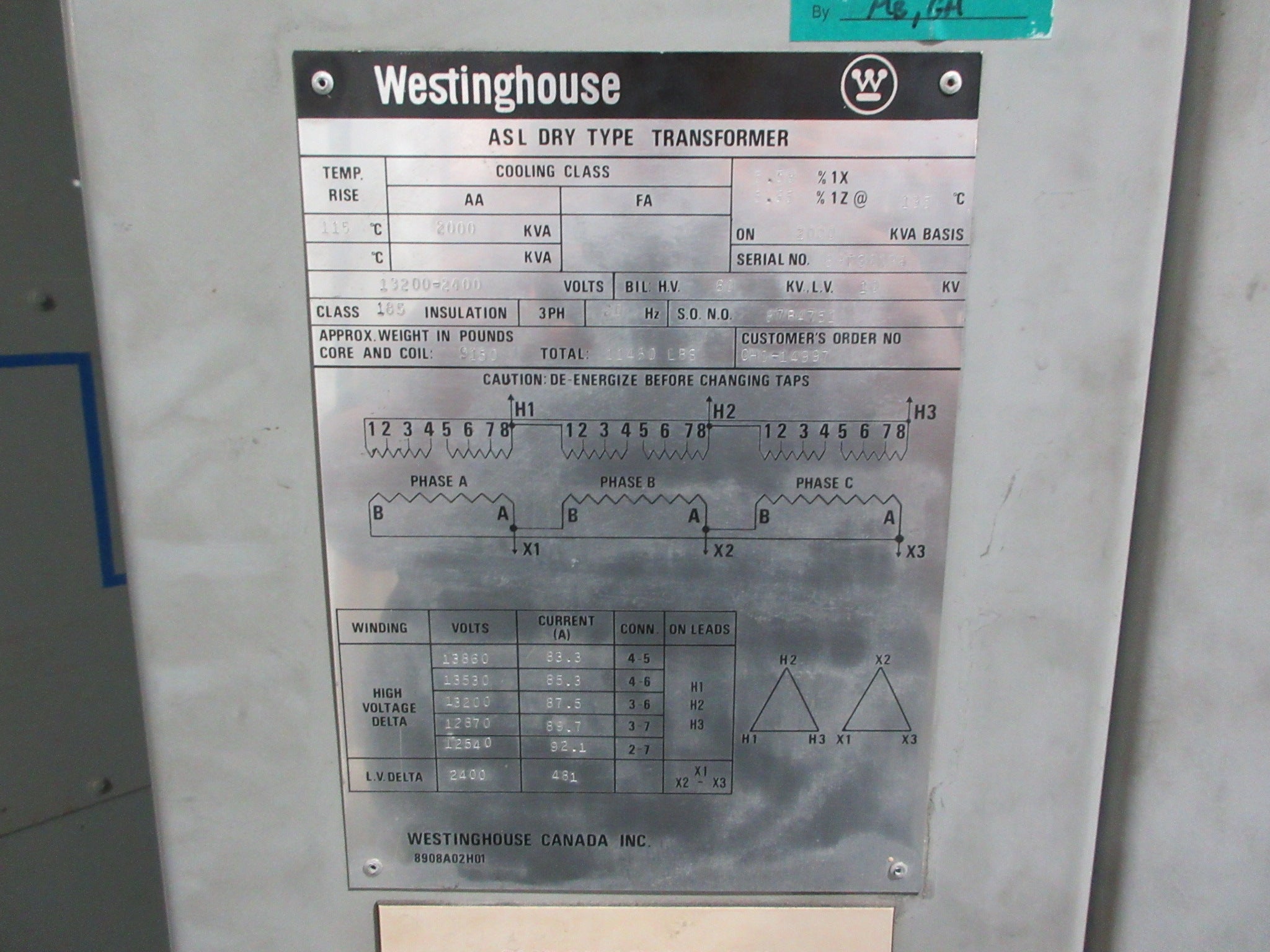 Westinghouse Transformer ASL 2000KVA Pri: 13,200V Sec: 2400V 3Ph 60Hz Used
